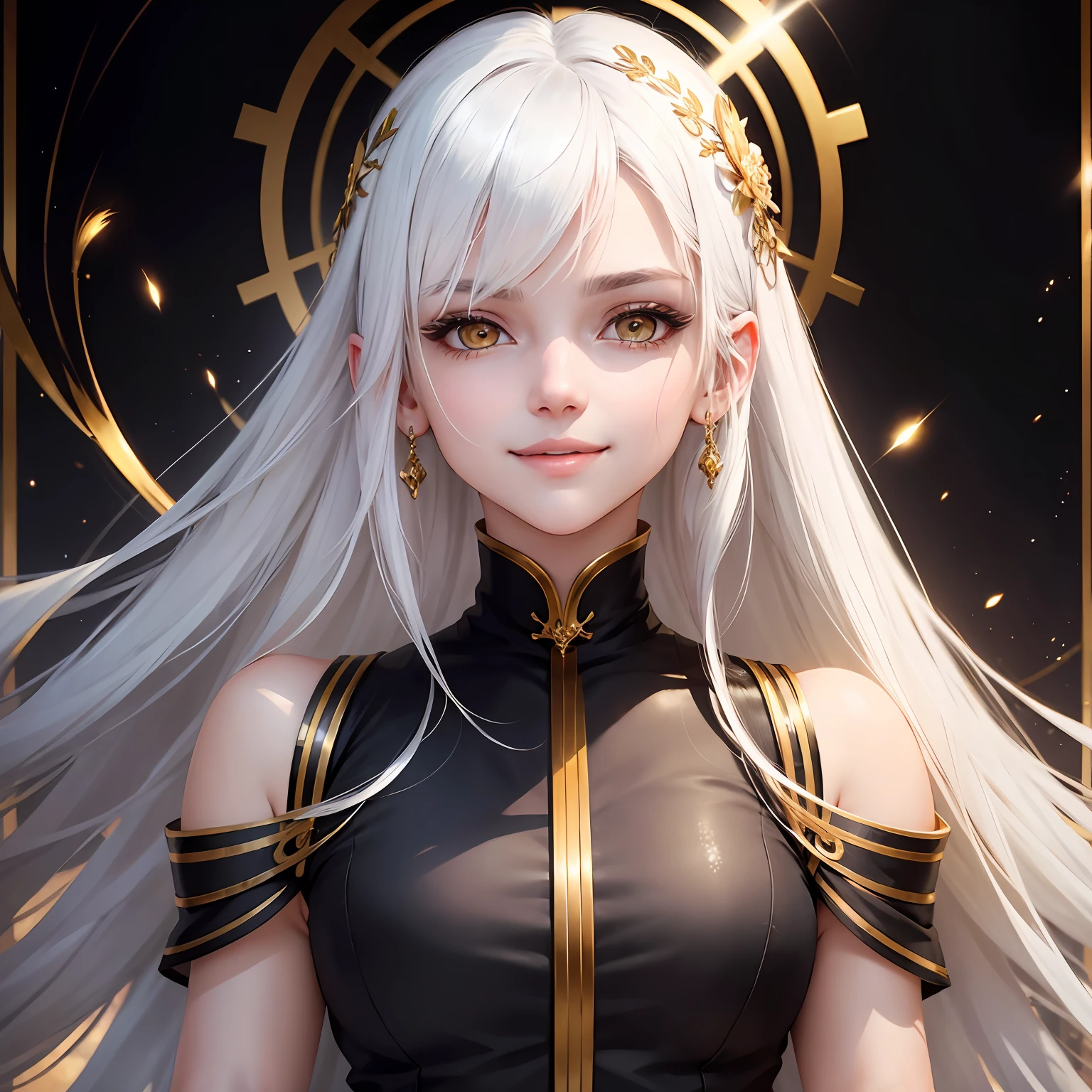 best quality, white hair, gold eyes, black clothes, looking up, upper body, hair strand, Fair skin, smiling