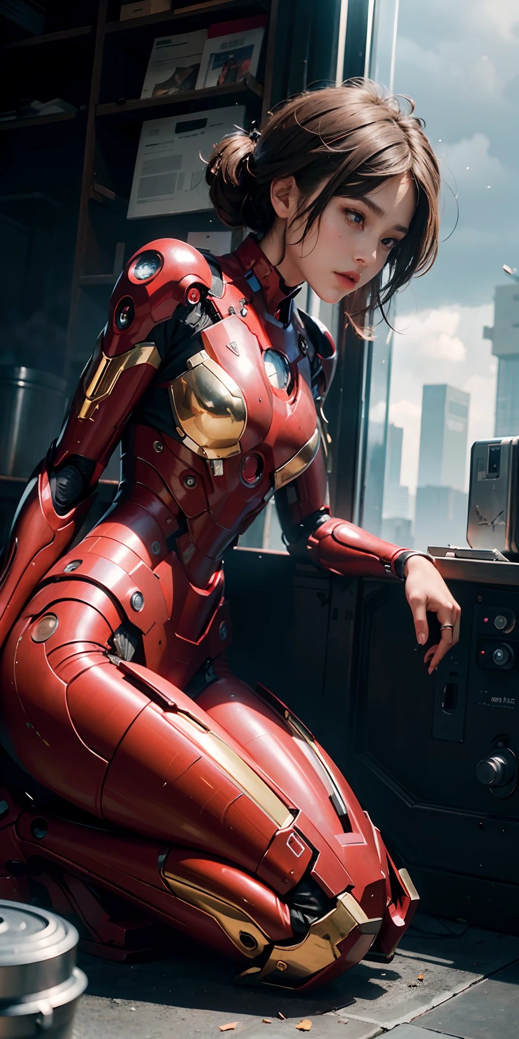 (1girl:1.3), solo,__body-parts__, official art, unity 8k wallpaper, ultra detailed, beautiful and aesthetic, beautiful, masterpiece, best quality, RAW, masterpiece, super fine photo,, best quality, super high Resolution, photorealistic, sunlight, full body portrait, stunningly beautiful,, dynamic pose, delicate face, vibrant eyes, (side view), she is wearing a futuristic Iron Man mech, red and gold, Highly detailed abandoned warehouse background, detailed face, detailed complex busy background, messy, gorgeous, milky, high detailed skin, realistic skin details, visible pores, sharp focus, volumetric fog, 8k uhd, dslr camera, High quality, film grain, fair skin, photorealism, lomography, sprawling metropolis in a futuristic dystopia, view from below, translucent