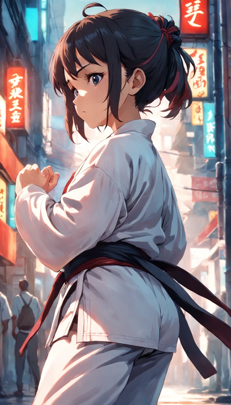 panda, wearing white karate costume, bandana vermelha, energia focada, Lutador de rua, Random karate pose, (detalhes intrincados), HDR, (detalhes intrincados, super fino: 1.2), filmagem de cinema, Centrado,