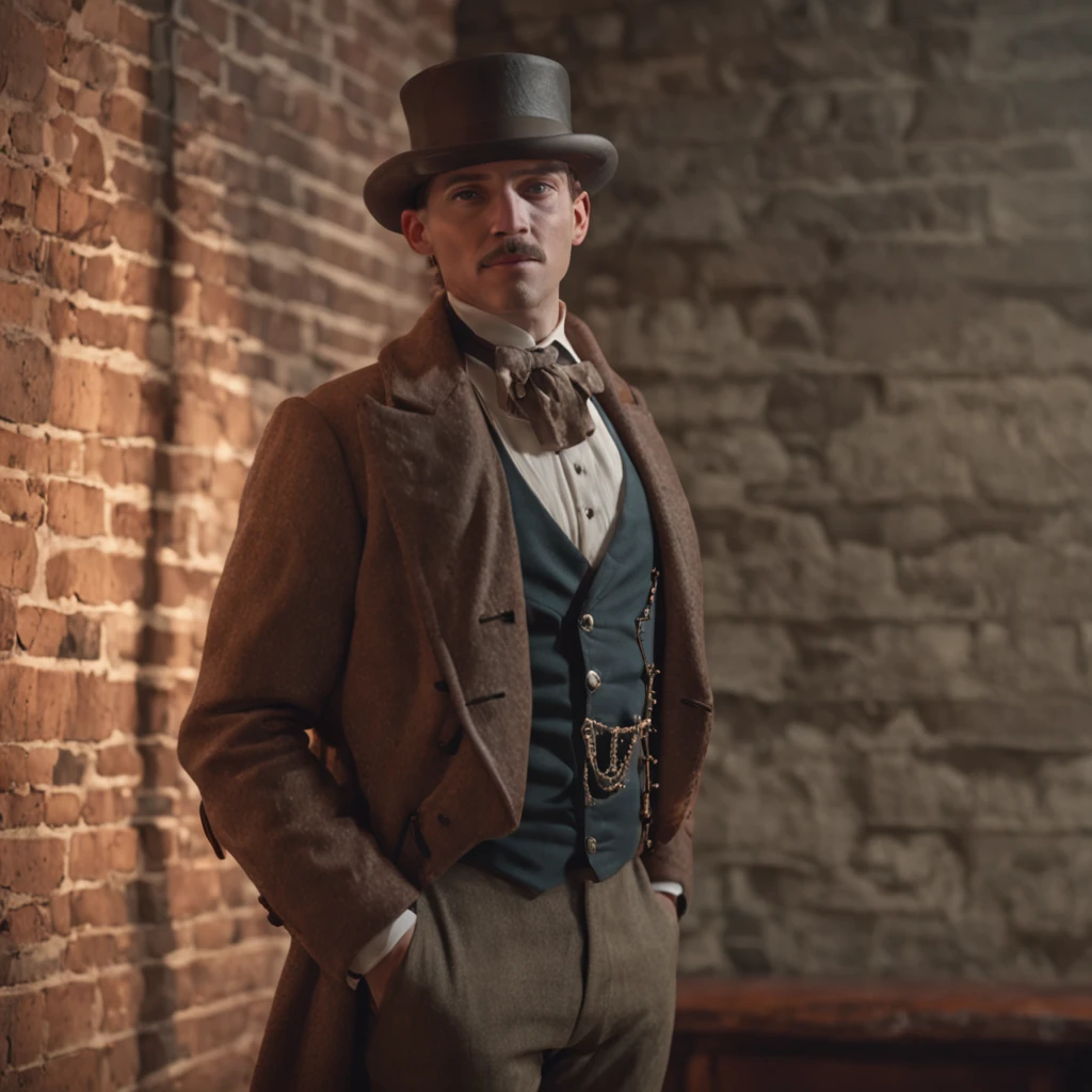 (renderizado 3D profesional:1.3) de (realista:1.3) Apuesto y elegante Caballero al estilo Steampunk, sombrero top hat, estilo hipster, masculino suave y brillante,  Renderizado 8K Unity de cuerpo completo,  poro de la piel, very dark lighting, sombreado pesado, detallado, Cara detallada, (vibrante, Realistic photography, realista, dramatic, oscuro, foco nítido, 8k), (intrincado:1.4), (Altamente detallado:1.4), Pintura digital, renderizado por Octane, Estaciones de arte, Concepto-Arte, Suave, foco nítido, illustration, Arte Germen, (loish:0.23), WLOP Ilya Kuvshinov, y Greg Rutkowski y Alphonse Mucha gracias, (global ilumination, luz de estudio, Light Volumetric), fuertes lluvias, particles floating