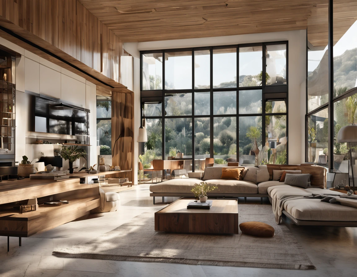 Perspective of a huge cozy living room and a kitchen with island, (((best quality))), (((ultra detailed))), (((masterpiece))), large wooden windows with natural light, beige sofas, wooden table, vase plants, modern minimalistic design, hyper realistic, masterpiece, highly detailed, digital painting, best quality, highres, detailed work, post-processing, creative studio, promo architectural photo