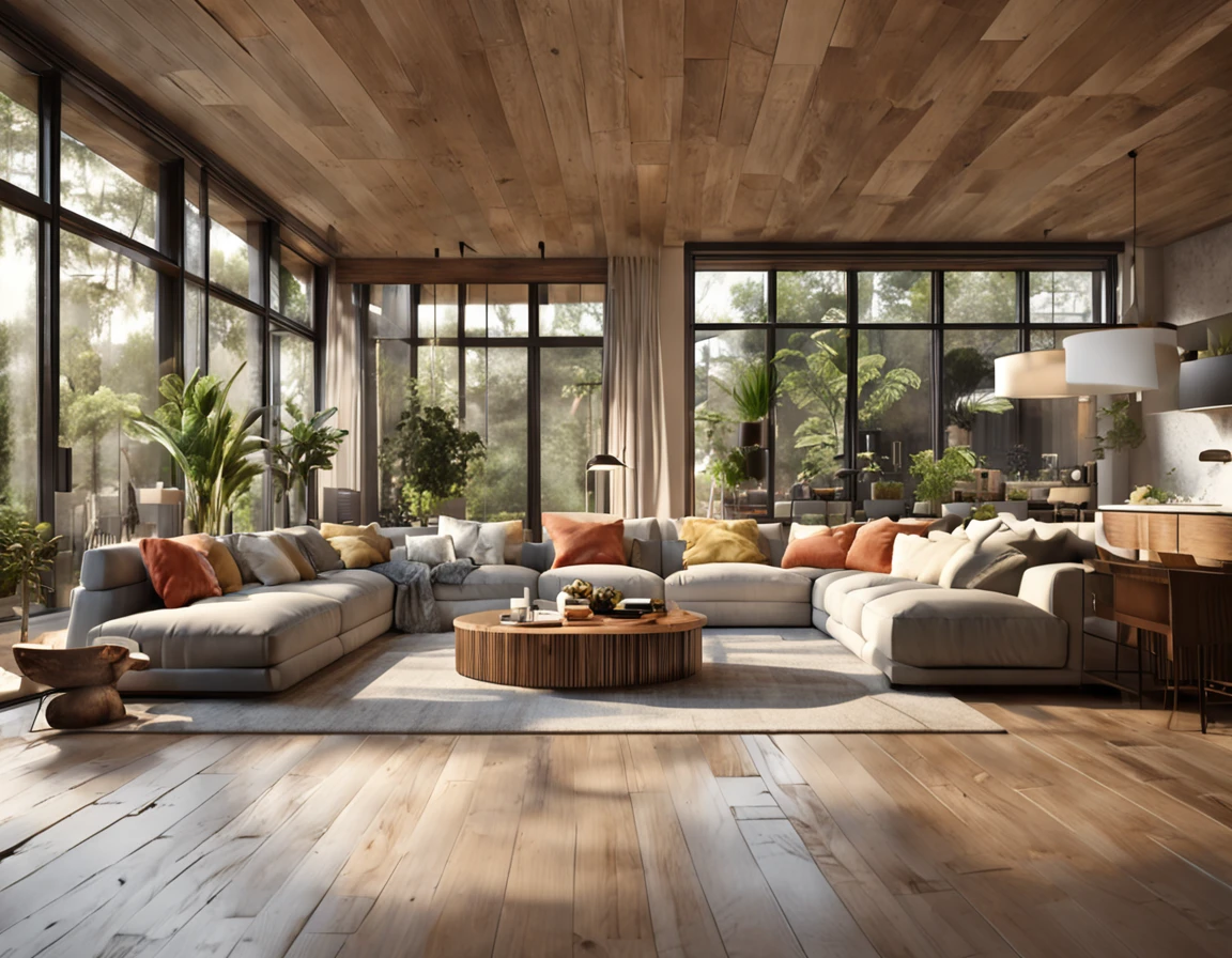 Perspective of a huge cozy living room and a kitchen with island, (((best quality))), (((ultra detailed))), (((masterpiece))), large wooden windows with natural light, beige sofas, wooden table, vase plants, modern minimalistic design, hyper realistic, masterpiece, highly detailed, digital painting, best quality, highres, detailed work, post-processing, creative studio, promo architectural photo