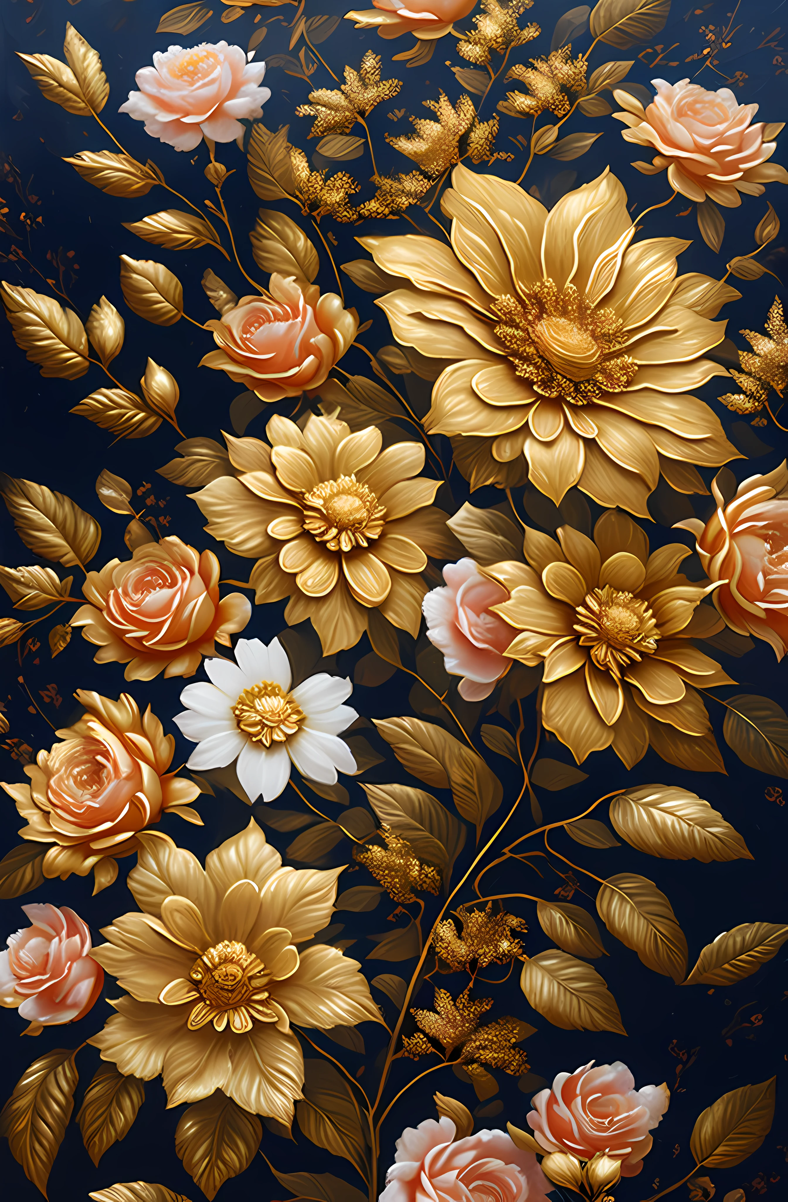 There is a painting of flowers, gold and silver leaves, gold flowers, sunflower flowers, golden roses, flowers and gold, (gilded embossing: 1.5), detailed flowers, magnificent flowers, shell flowers Gold shell, intricate flowers, messy gold leaf flowers, 4K detailed oil painting, stunning and rich details, gilded. flower, flower Baroque elements, intricate oil paintings