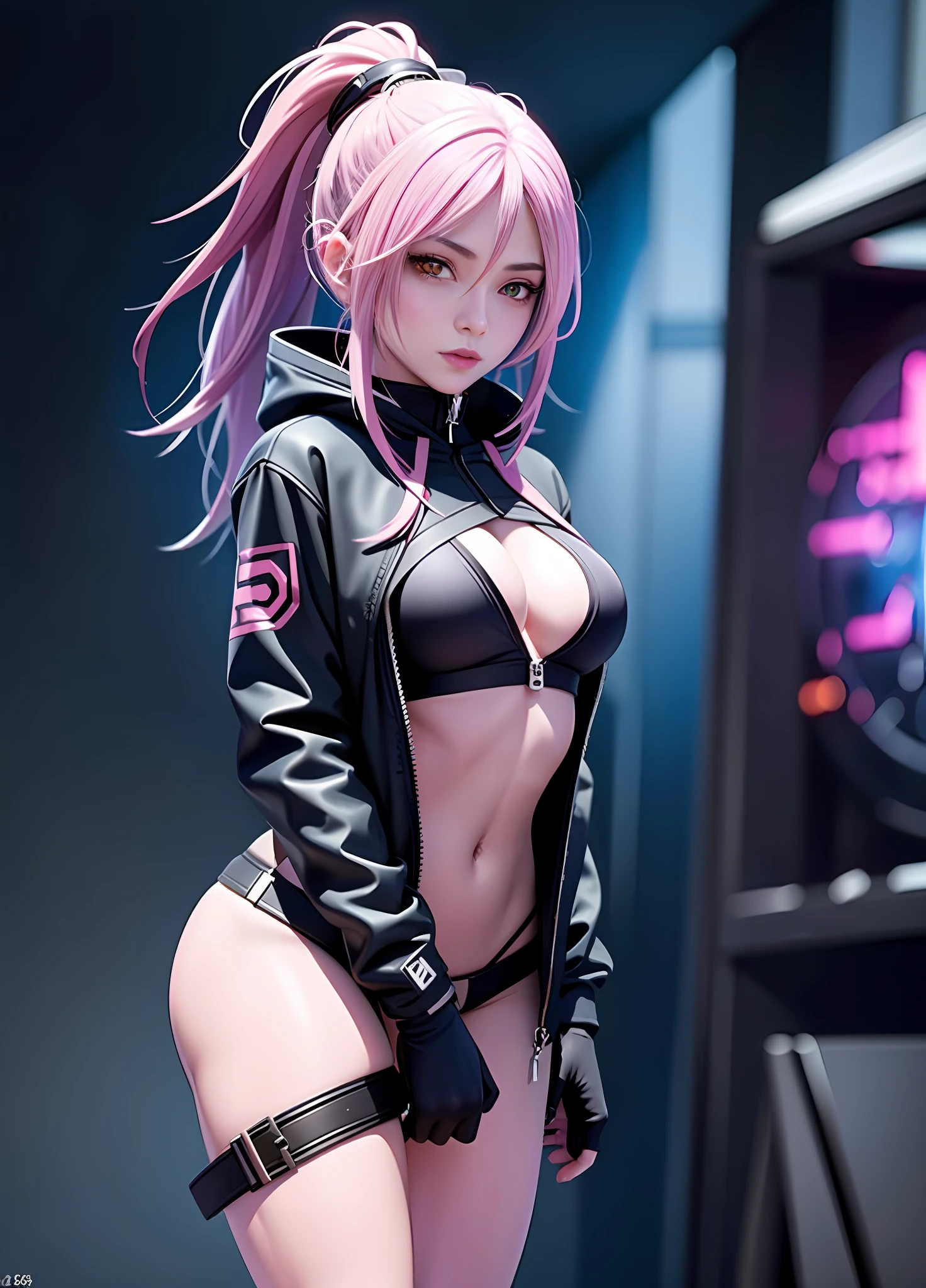 Close-up of a person with a very beautiful body and a very sexy body, cyberpunk anime girl, female cyberpunk anime girl, anime cyberpunk art, Digital cyberpunk anime art, cyberpunk anime art, cyberpunk anime girl in hoodie, - Anime art，pink tattoo，There is a tattoo on the stomach，Blue double ponytail