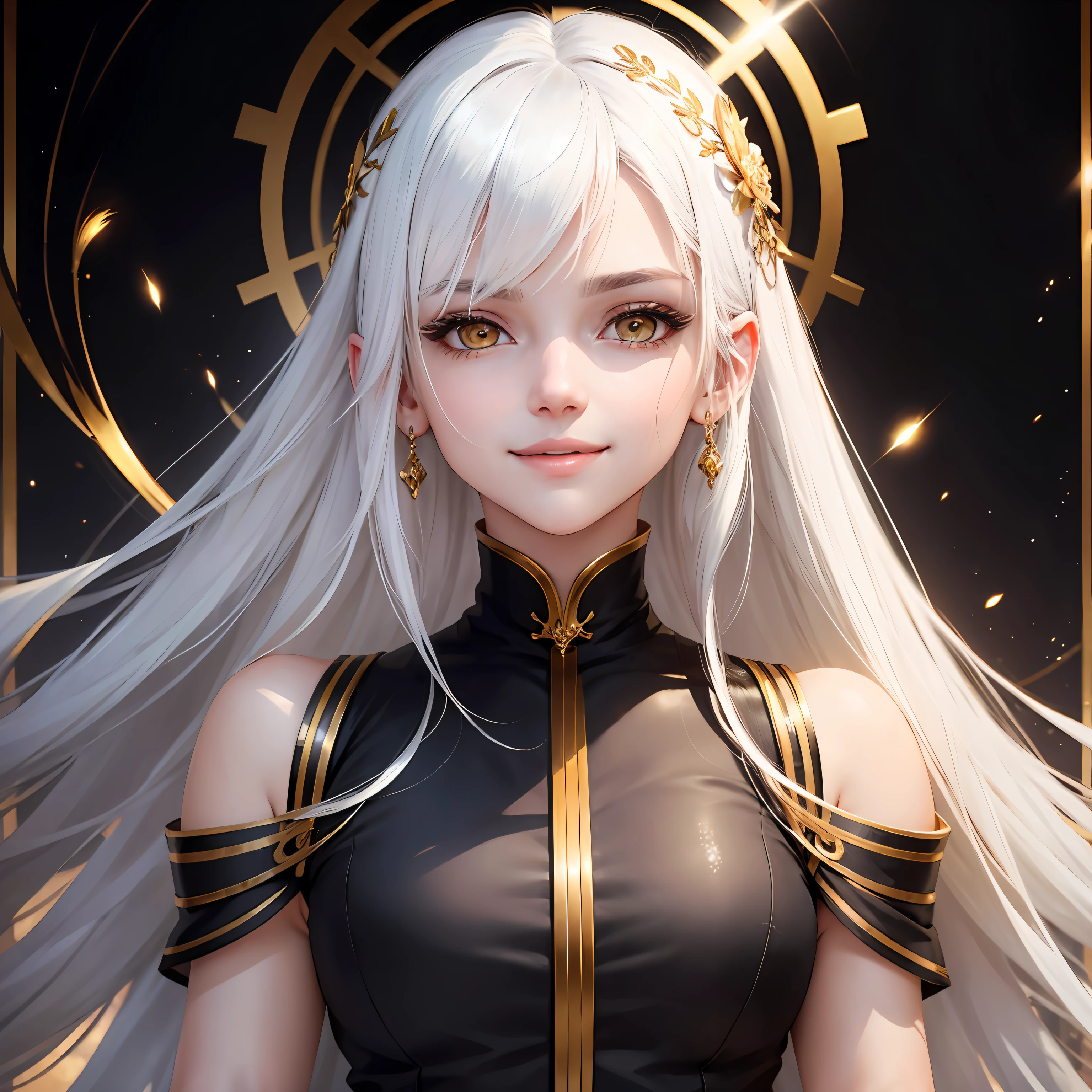 best quality, white hair, gold eyes, black clothes, looking up, upper body, hair strand, Fair skin, smiling