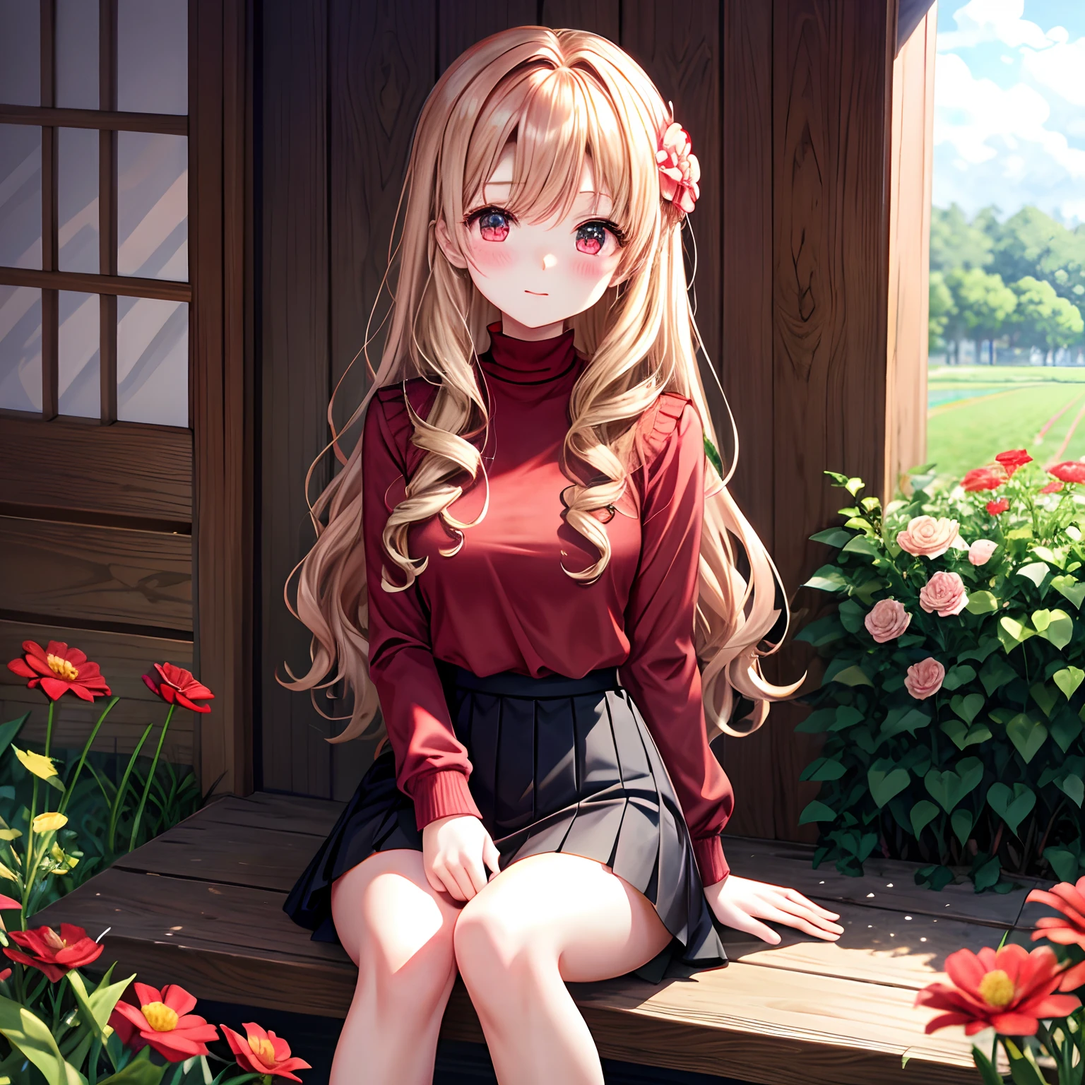 red blush、Wavy blonde hair、red eyes、Beautiful girl alone、animesque、独奏、turtle neck、a miniskirt、flower field、lonely、sitting on