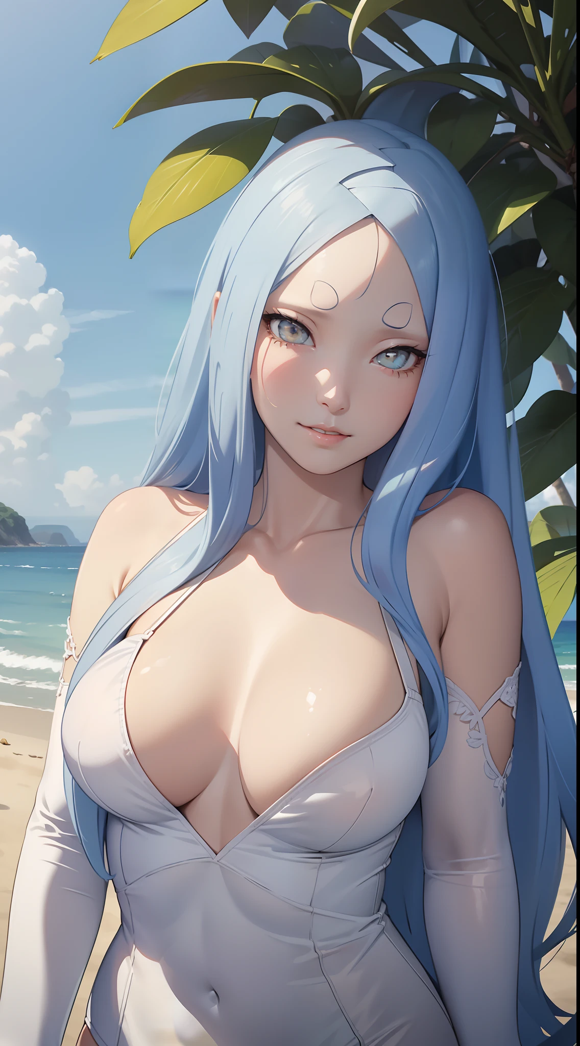 film movie still、Large breasts，1girl in、It stands、14years、pale-skinned、innocent smiles、white stockings、((A detailed face))、(Detailed skin)、moisty，The details are complex、Shallow depth of field、[volume fog]、电影灯光、Reflectors、a Canon EOS R5、50mm lens、f / 2.8、shot at 8k resolution、Close-up，sea beach，swim wears，sandbeach，The bird，Greenery