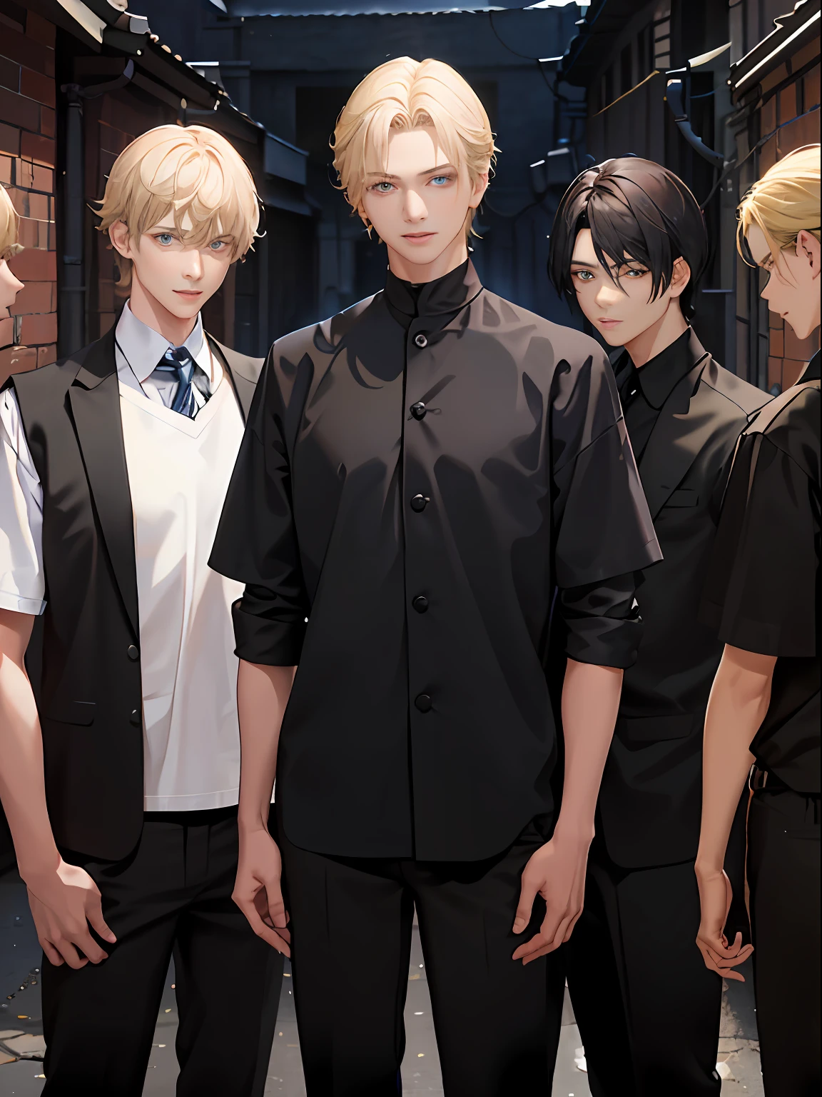 He is an 18 year old man with black and short hair, straight facial features, a sunny expression, and unrestrained behavior. He is wearing white short sleeves and black casual pants, surrounded by blue fluid around his body(absurdres, highres, ultra detailed), masterpiece, best quality, 3 man, handsome, black hair, brown hair, casual clothes, background is back alley, best light and shadow, trio friends, 1 black hair man ((sleek hair)), 1 brown hair man ((undercut hair)), 1 blond man ((stylish hair)), tall handsome man, hogwarts vibe, 3 friends, trio friends pose, charming men, (absurdres, highres, ultra detailed, HDR), masterpiece, best quality, anime, Anime cool ((Tall boy)) green eyes, 3rd boy blond hair ((Tall boy)) ((blond hair)) , 3 boys, smile, sunshine, garden, handsome, short hair, looking at viewer, detailed face, ( black shirt ),(red shirt) cool boys, cold male, 8K, Best Quality, Masterpiece, Ultra High Resolution, (Realism: 1.4), Original Photo, (Realistic Skin Texture: 1.3), (Film Grain: 1.3), (Selfie Angle), best friend,Friendship, Trio friends, tall boys, black hair, brown hair,blonde hair.
