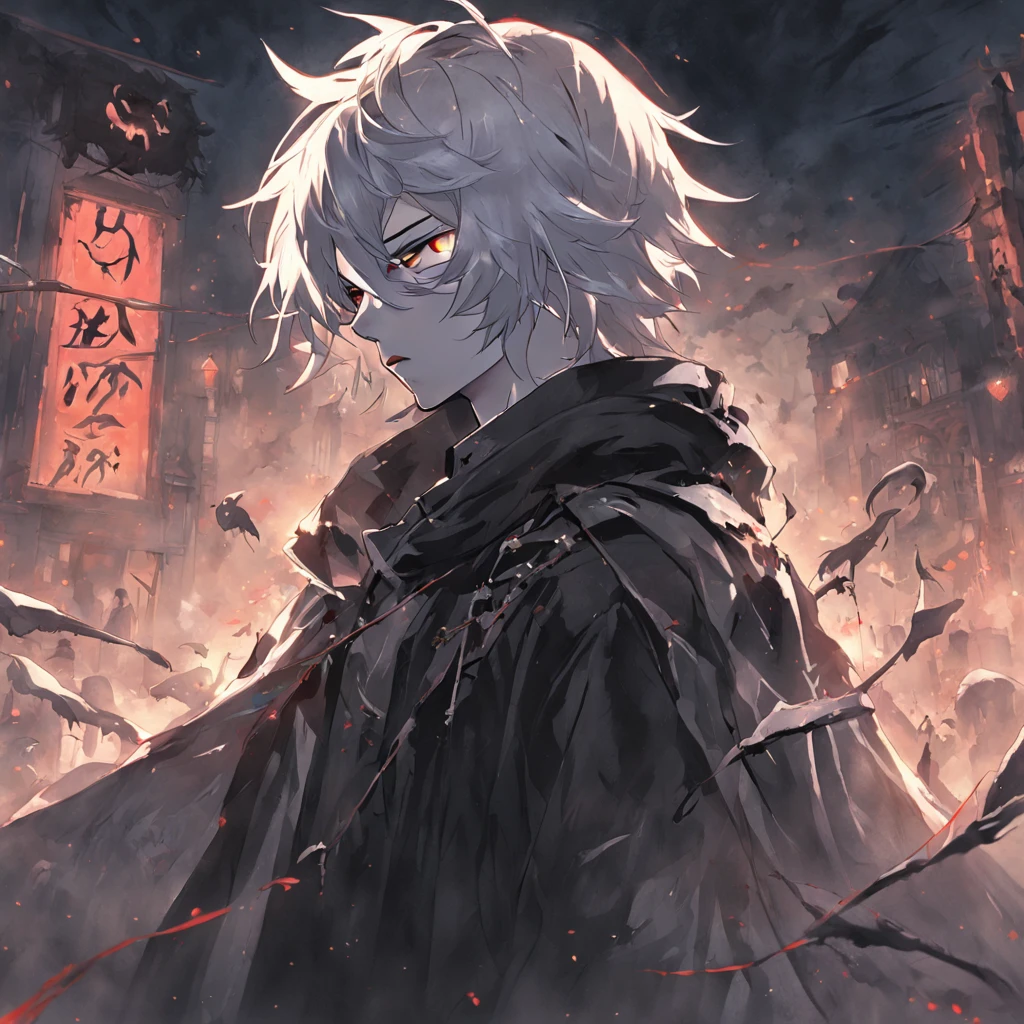 Boy with black hair and white hair,The hair hangs almost down to the neck,With his eyes closed,The tall, terrifying devil in his hood and scythe in his hand bent down to kiss his face,Stand at the intersection of light and darkness:HD graphics,Lots of ghosts wearing hoods,Terrifying and eerie texture。