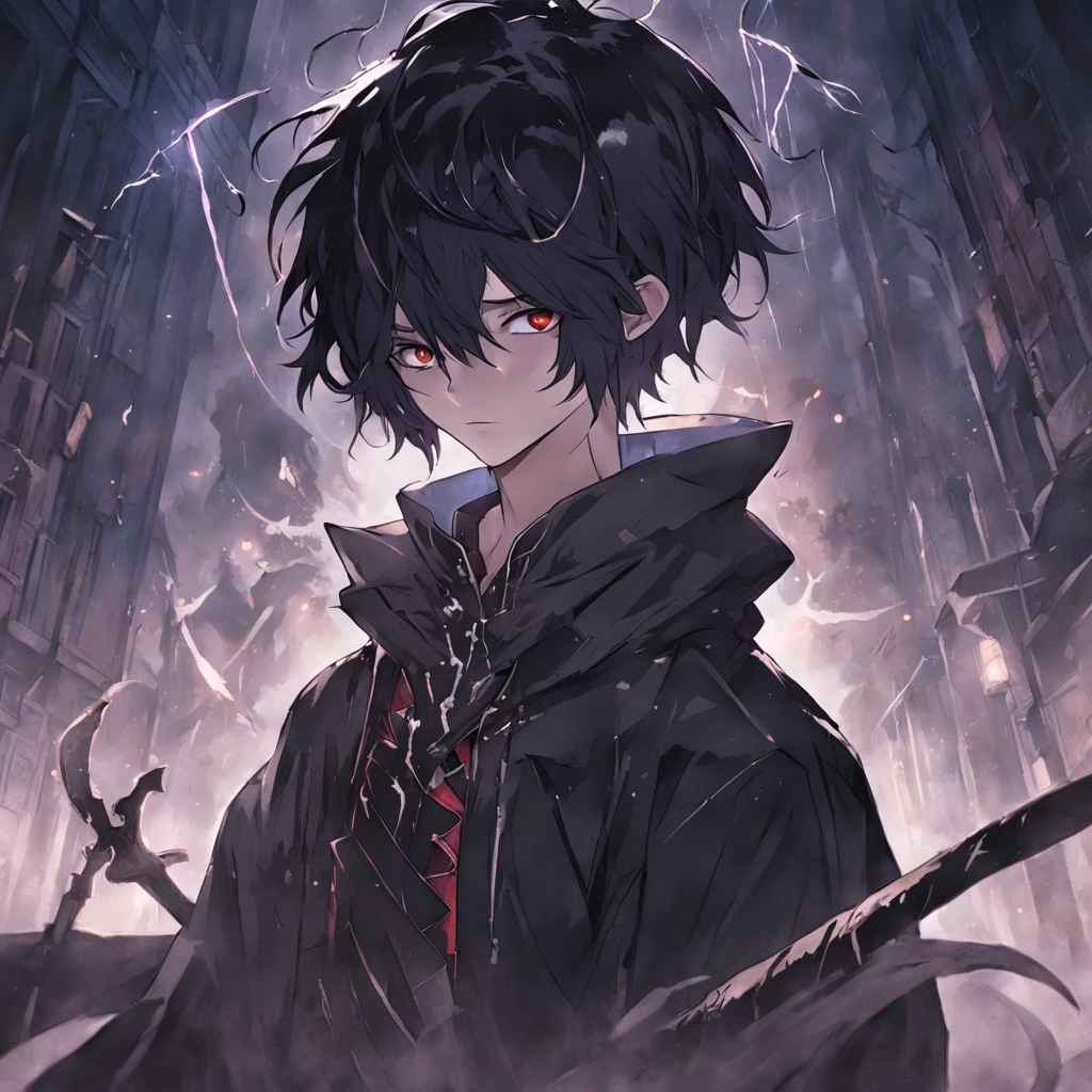 Boy with black hair and white hair,The hair hangs almost down to the neck,With his eyes closed,The tall, terrifying devil in his hood and scythe in his hand bent down to kiss his face,Stand at the intersection of light and darkness:HD graphics,Lots of ghosts wearing hoods,Terrifying and eerie texture。