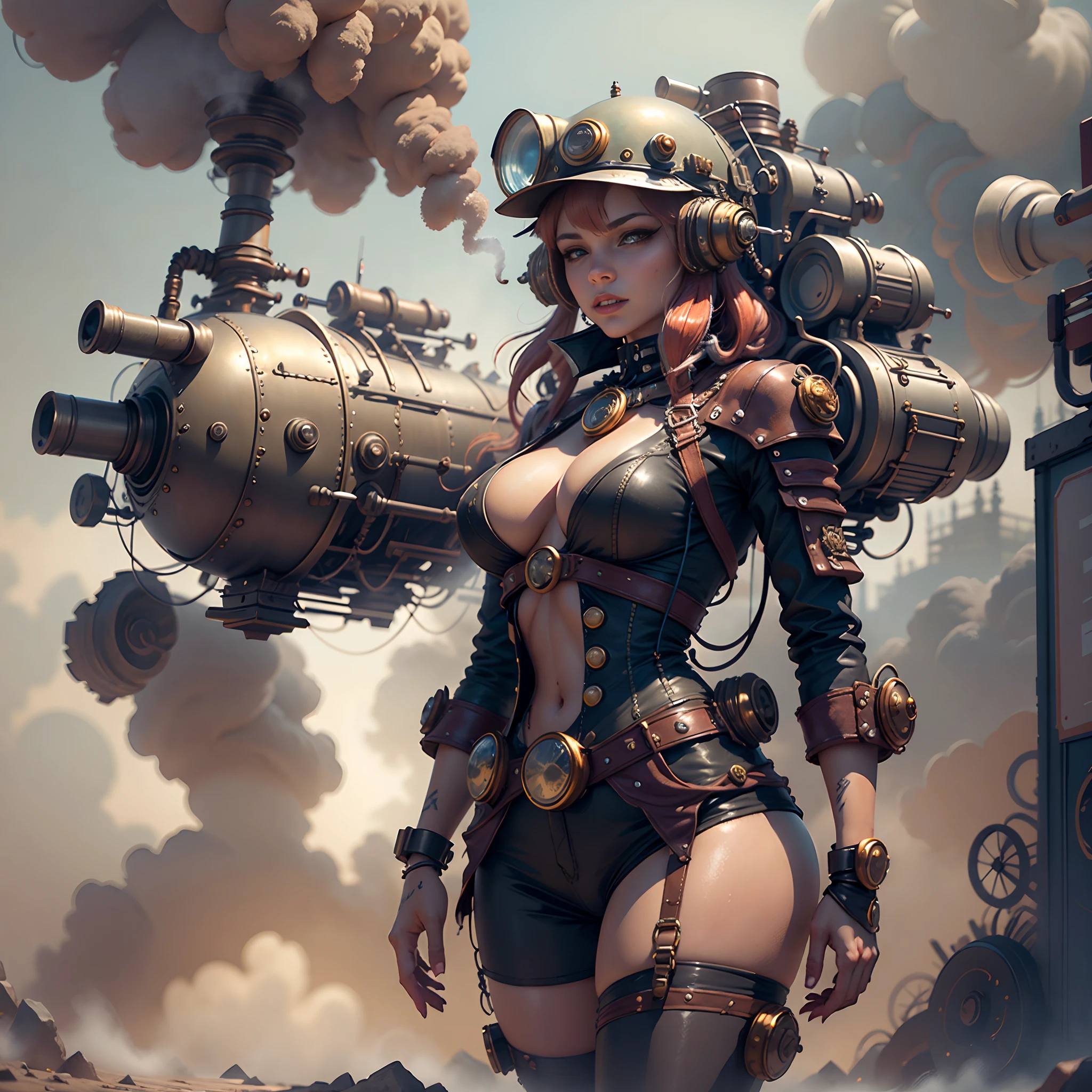 There's a sexzy Russian busty 1woman with a street punk, standing with Steam punk Helicopter,dusky skin, with muscled body,less dress,Royal look,helmet, arte conceitual steampunk, sexzy full busty body view top to bottom, standing in backview turning camera, random camera anhle,dark smoke fog background,arte street punk digital, arte street punk de alta qualidade, Wojtek FUS, arte digital street punk, detailed wild street punk illustration, Portrait of a gold and copper mechanical woman, arte street punk, estilo de arte dieselpunk, cyberpunk street punk, estilo de fantasia street punk, Arte digital altamente detalhada em 4k, sci-fi street punk