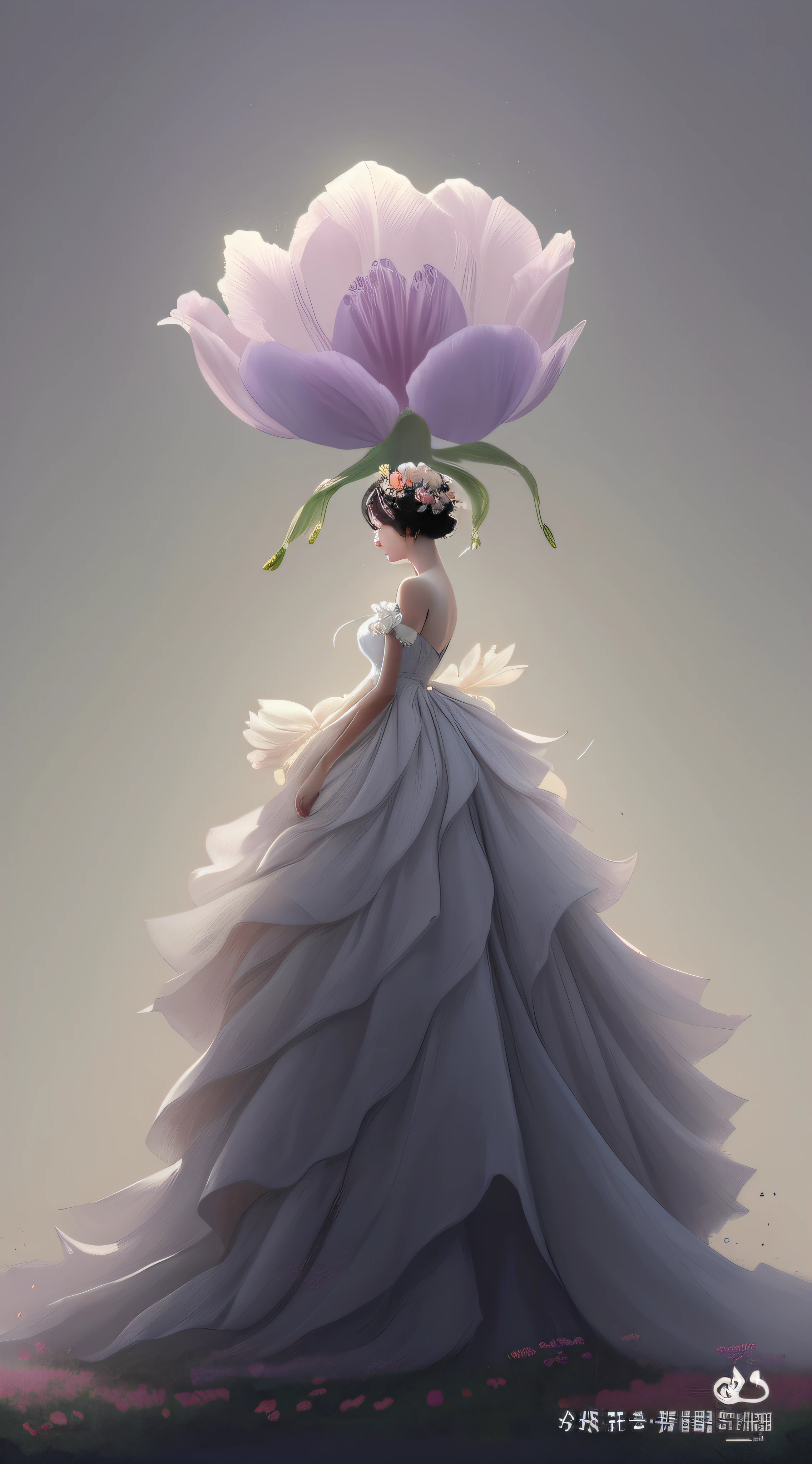 One in a dress,Image of Araf of a woman with a flower on her head, Exquisite digital illustration, Beautiful digital illustration, elegant digital painting, Beautiful digital artwork, A beautiful artwork illustration, digital art of an elegant, Stand elegantly on a tulip, Wearing a gorgeous dress, inspired by Igor Kieryluk, By Li Song, beautiful digital art,Buyao, 1girll, dress, Solo, flower, Short hair,White dress, White tulips, Black hair, Bare shoulders, profile, Pastel theme, Long dress, standing, full bodyesbian, Strapless dress, No shoulder strap, From the side Side, Closed eyes, bangs, Sleeveless, Gradient, Sleeveless dress, Gradient background
