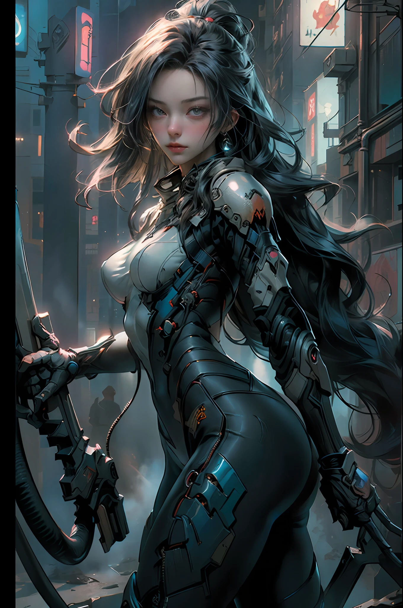 (((masterpiece))), ((best quality)), (ultra-detailed), (CG illustration), (an extremely devious and beautiful)), cinematic light, ((1 mechanical girl death Full body, black wedding dress, black cape over face, long black hair, )), single, (machine-made joints: 1.4), ((mechanical limbs)), ( blood vessels attached to the tube), ((mechanical spine attached to the back)), ((mechanical cervical vertebrae attached to the neck), ((back to the viewer)), expressionless, (wires and cables attached to the head and body: 1.5), science fiction, apocalypse, ruins
