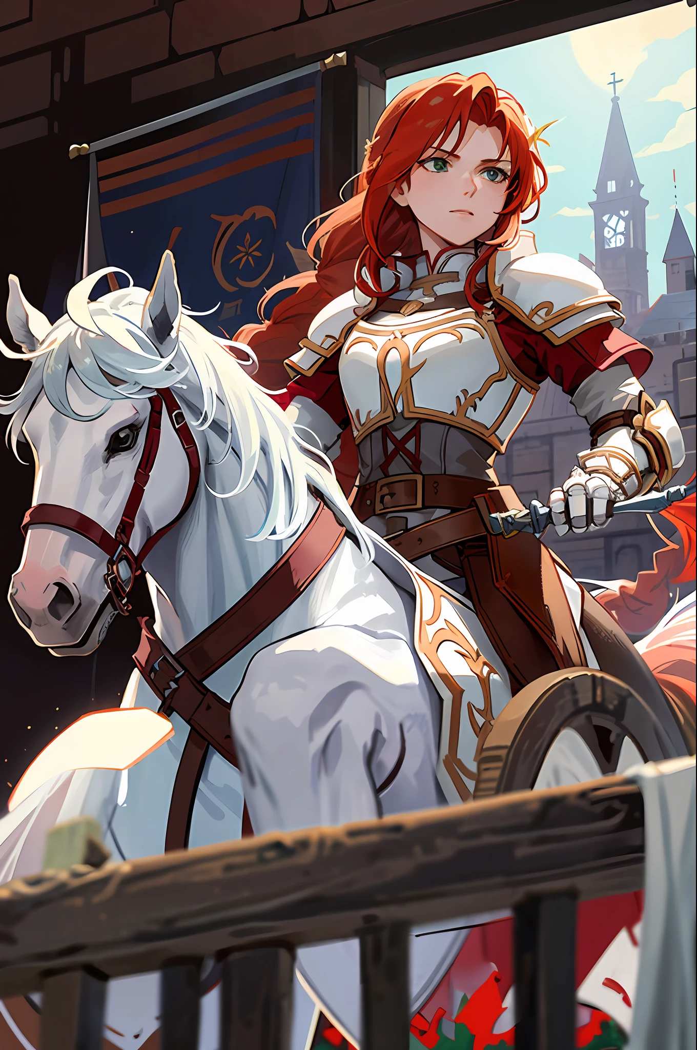 titania, 1horse, white horse, (riding a horse:1.2), braided ponytail, armor, red dress, belt, gauntlets, gloves, armored boots, from below, backlit, silhouette, lens flare, looking down at viewer, fortress, tower, stone fortress, banners, medieval, spear, holding, holding spear, lance, holding weapon