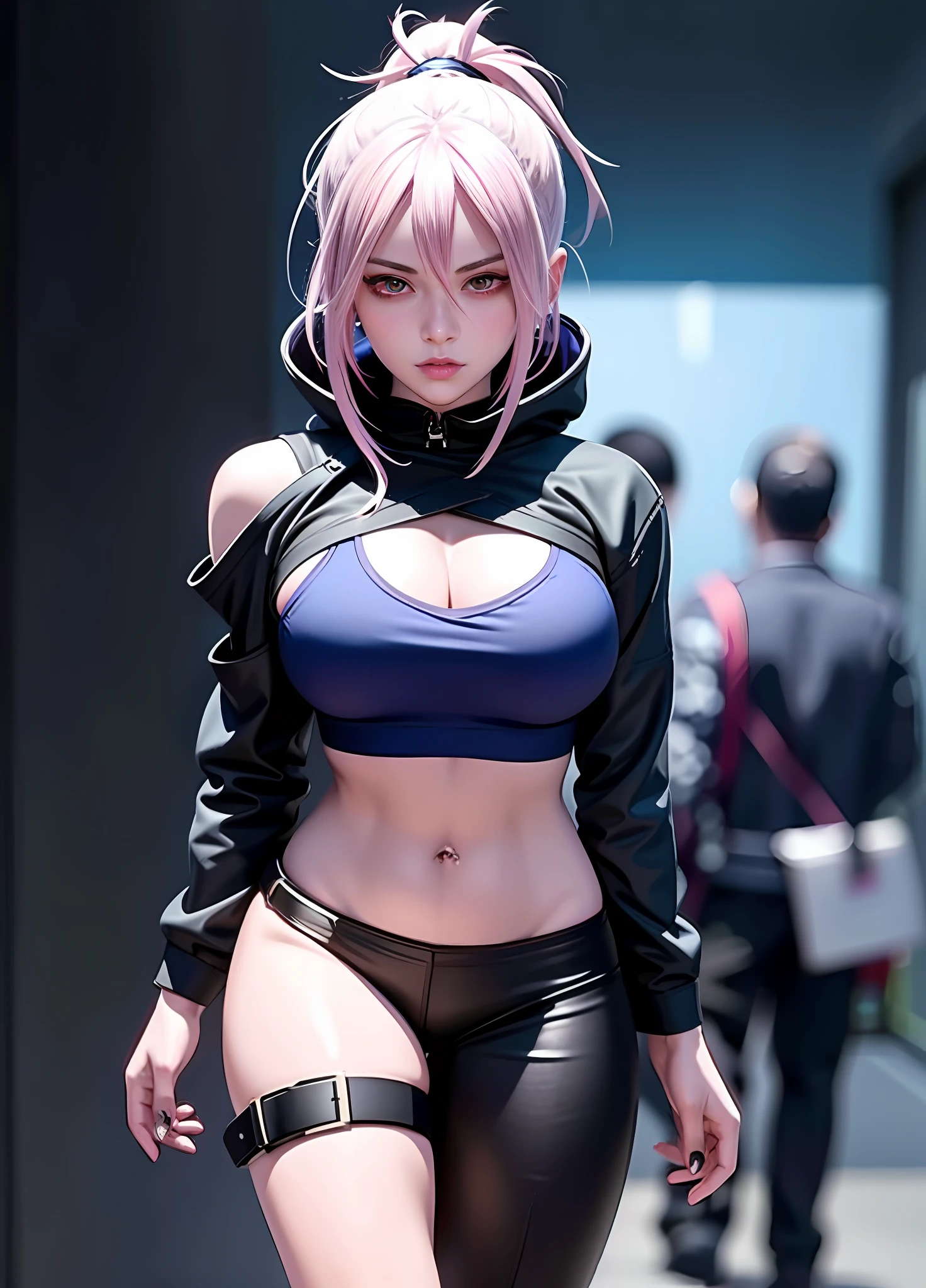 Close-up of a person with a very beautiful body and a very sexy body, cyberpunk anime girl, female cyberpunk anime girl, anime cyberpunk art, Digital cyberpunk anime art, cyberpunk anime art, cyberpunk anime girl in hoodie, - Anime art，pink tattoo，There is a tattoo on the stomach，Blue double ponytail