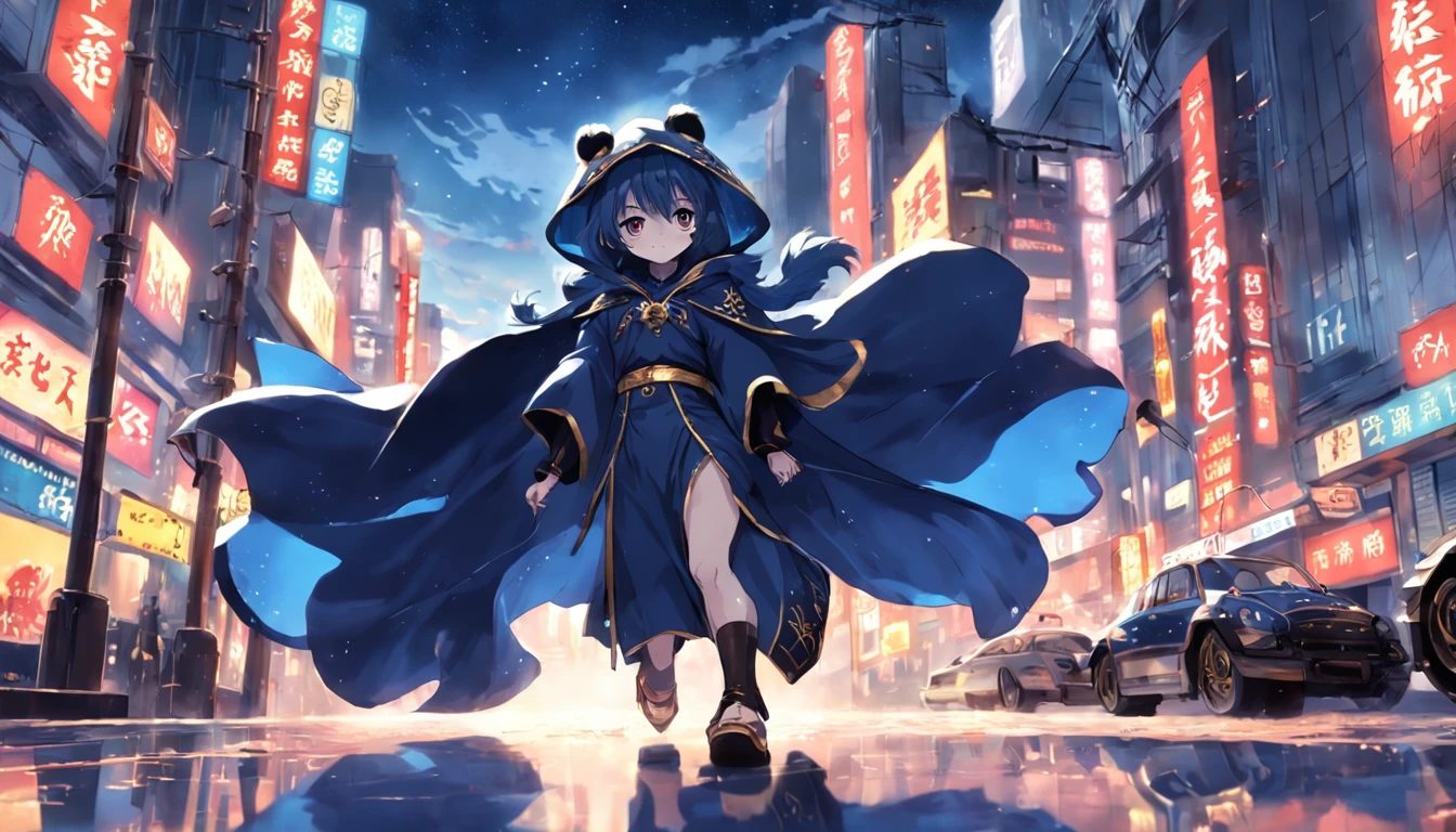 Bipedal creature similar to a panda with navy blue cape and hood with gold finish, patas saindo, floating as if by magic, master part, best quality