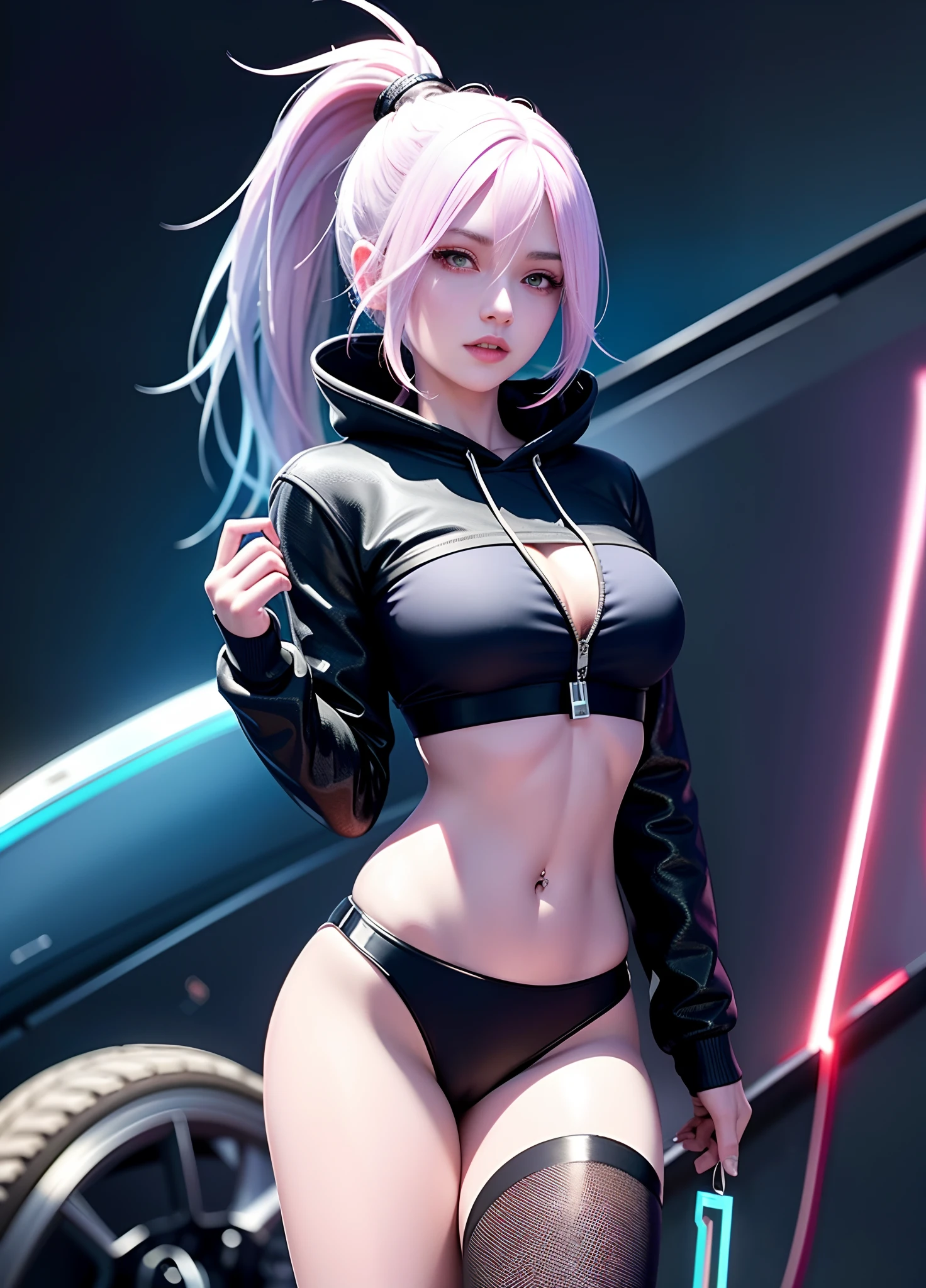 Close-up of a person with a very beautiful body and a very sexy body, cyberpunk anime girl, female cyberpunk anime girl, anime cyberpunk art, Digital cyberpunk anime art, cyberpunk anime art, cyberpunk anime girl in hoodie, - Anime art,pink tattoo,There is a tattoo on the stomach,Blue double ponytail