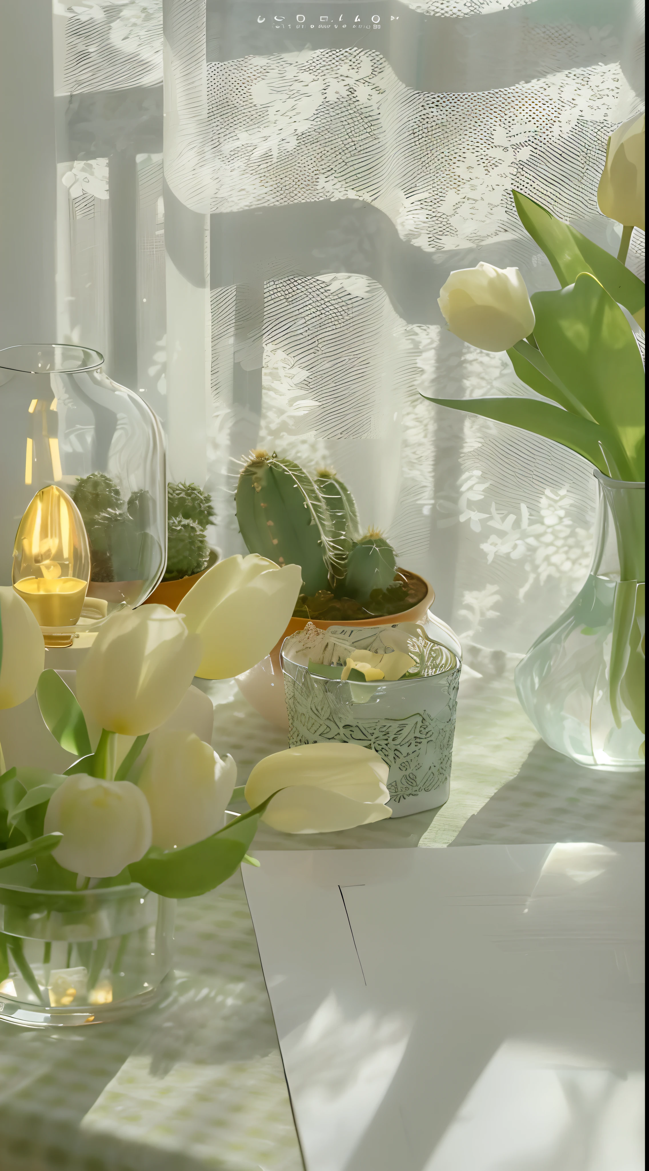 There are many white flowers in the vase on the table, Cactus plants in the room, cactus and flowers, transparent glass vase, vignette of windowsill, cactus and pearls over the head, soft green natural light, bright daylight indoor photo, Plants in a glass vase, soft light from the window, Plants in a glass vase, realistic flowers oil painting