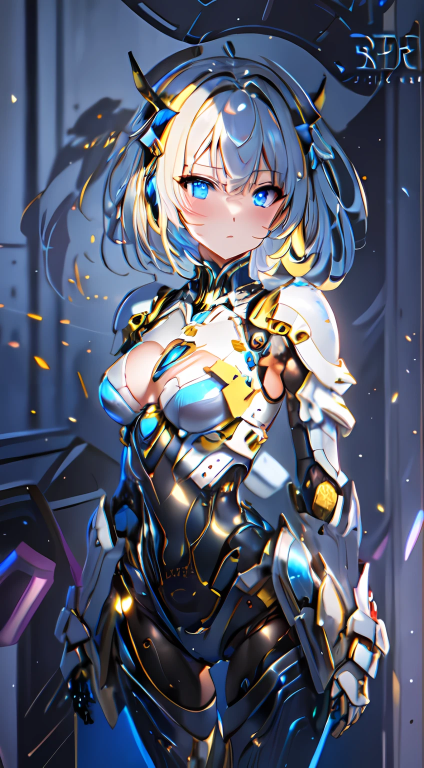 High Quality, Ultra High Resolution, Ultra Realistic, Super Detailed, Robot, mecha, metal bodysuit, Slim, beautiful, blue eyes, 1girl, yellow hair, short hair, Full Face, Full Body, faint blush, Metallic, Metallic, Luxury, Metallic, One, BREAK, concert stage, detailed background, depth of field, cinematic,