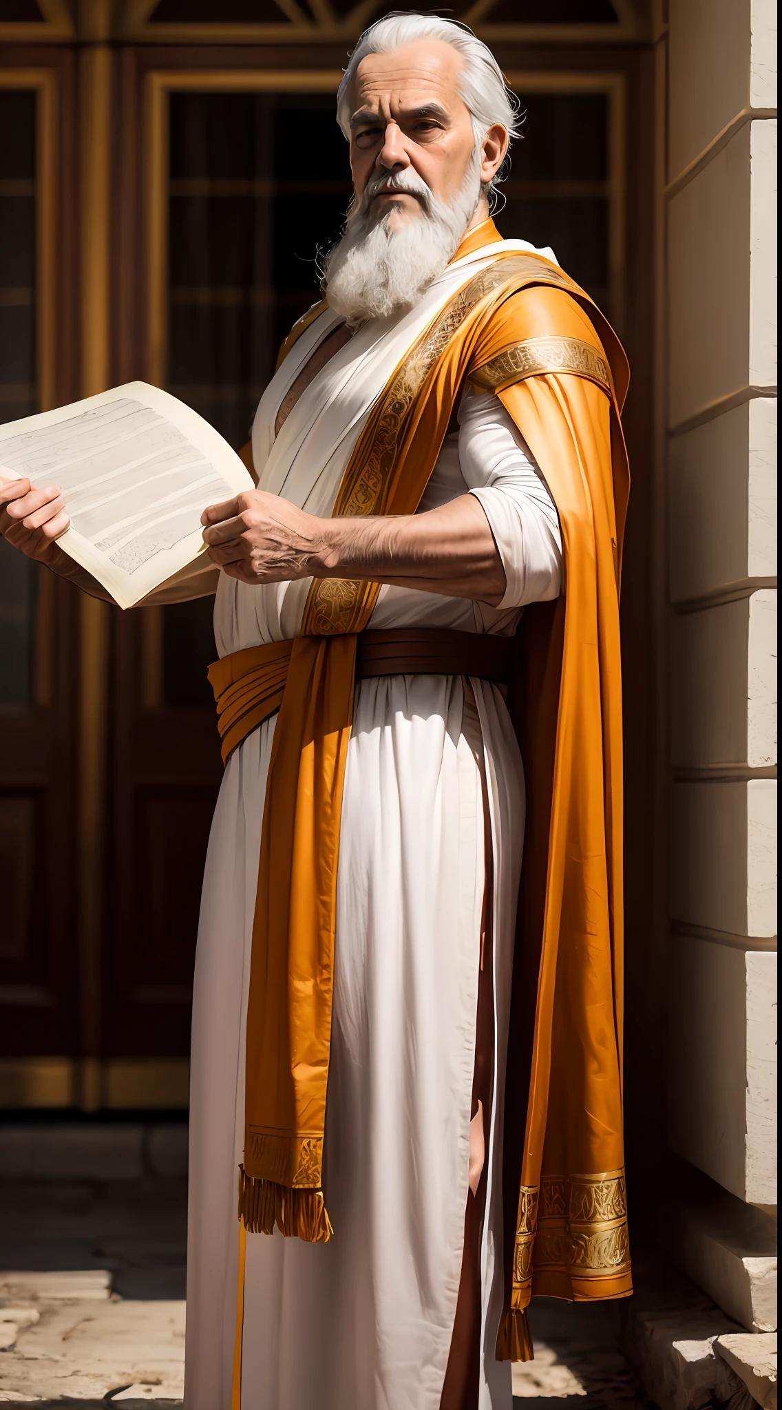 Create a drawing of Plato, depicting him as a wise elder, with a long, gray beard, wearing a Greek toga and holding a rolled parchment.