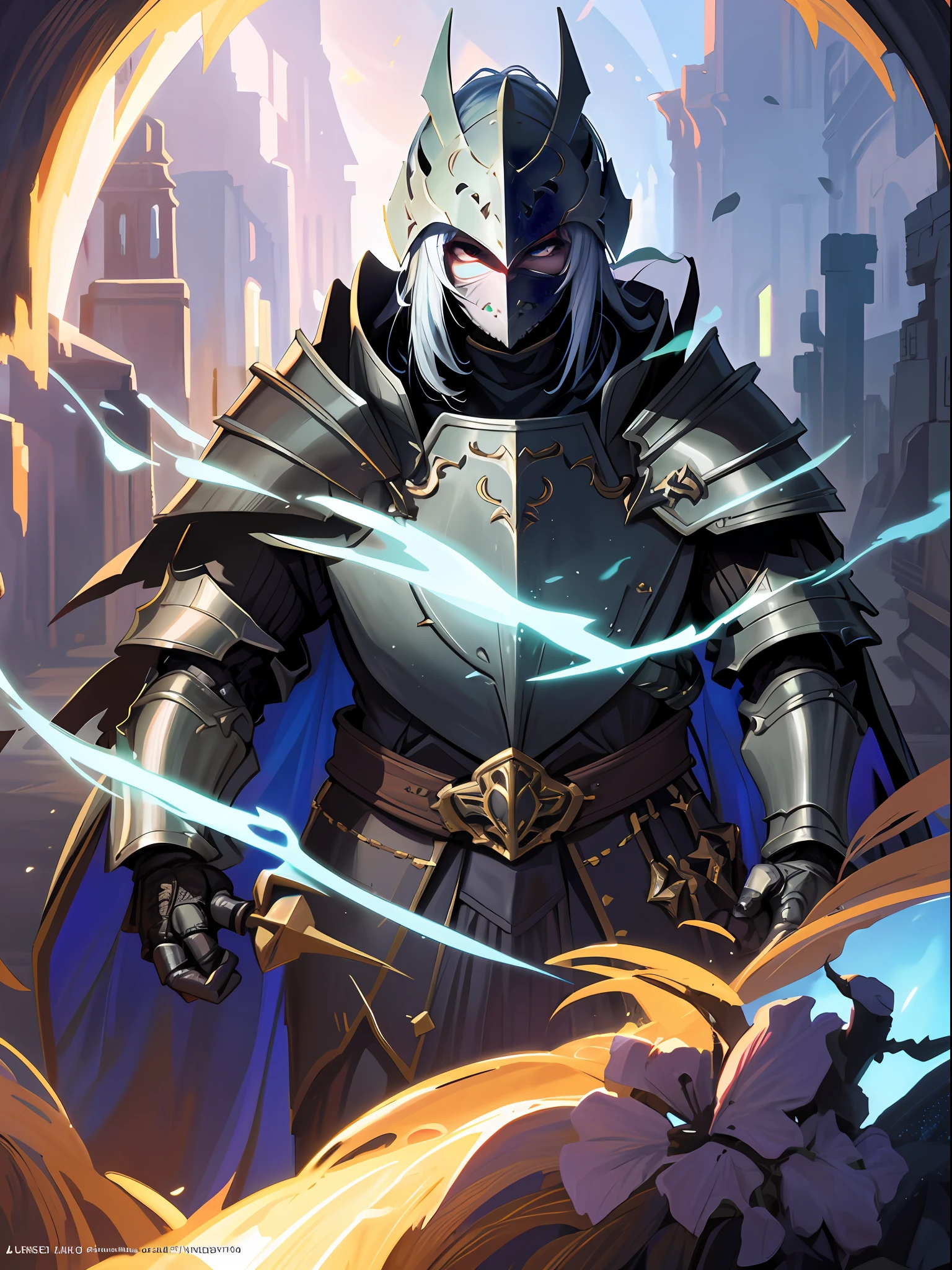 Original Character, Fantasy Concept Art, Volumetric Lighting, Best Shadows, Shallow Depth of Field, Portrait Of Noble Knight Man, Dignified, Delicate Tactical Heavy Armor, Opaque Visor, Face Armor, Pauldrons, Tasset Belt, Gauntlet, Poleyn, High Quality Armor Texture, Broad Shoulders, Extremely Tall. Sword Scabbard, Standing Tall, Crossed Arms, Looking At Viewer, Glaring Sunlight, Rose Garden, Rose Thornbush, (Highest Quality, Amazing Details:1.25), (Solo:1.3), Brilliant Colorful Paintings
