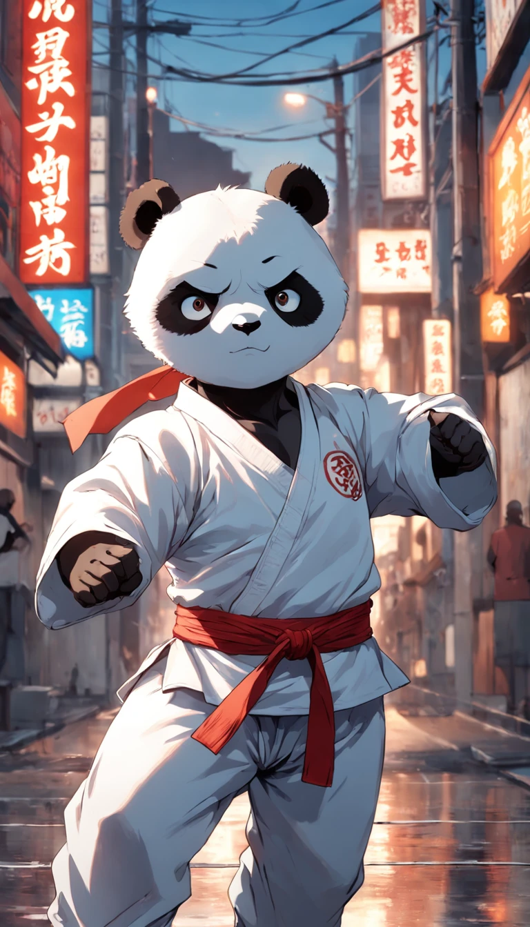 um panda, wearing white karate costume, bandana vermelha, energia focada, Lutador de rua, Random karate pose, (detalhes intrincados), HDR, (detalhes intrincados, super fino: 1.2), filmagem de cinema, Centrado,