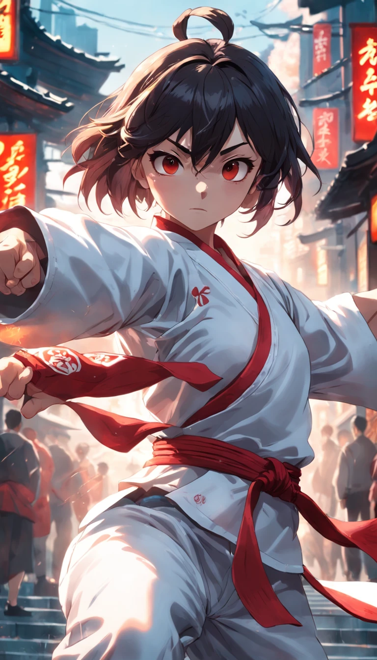 Young Woman in Anime, Wearing a white karate costume, Red minor and short black hair, Concentrated energy, street fighter, Random Karate Pose, (intricate detailes), nffsw, (intricate detailes, super-fine: 1.2), video, middle,