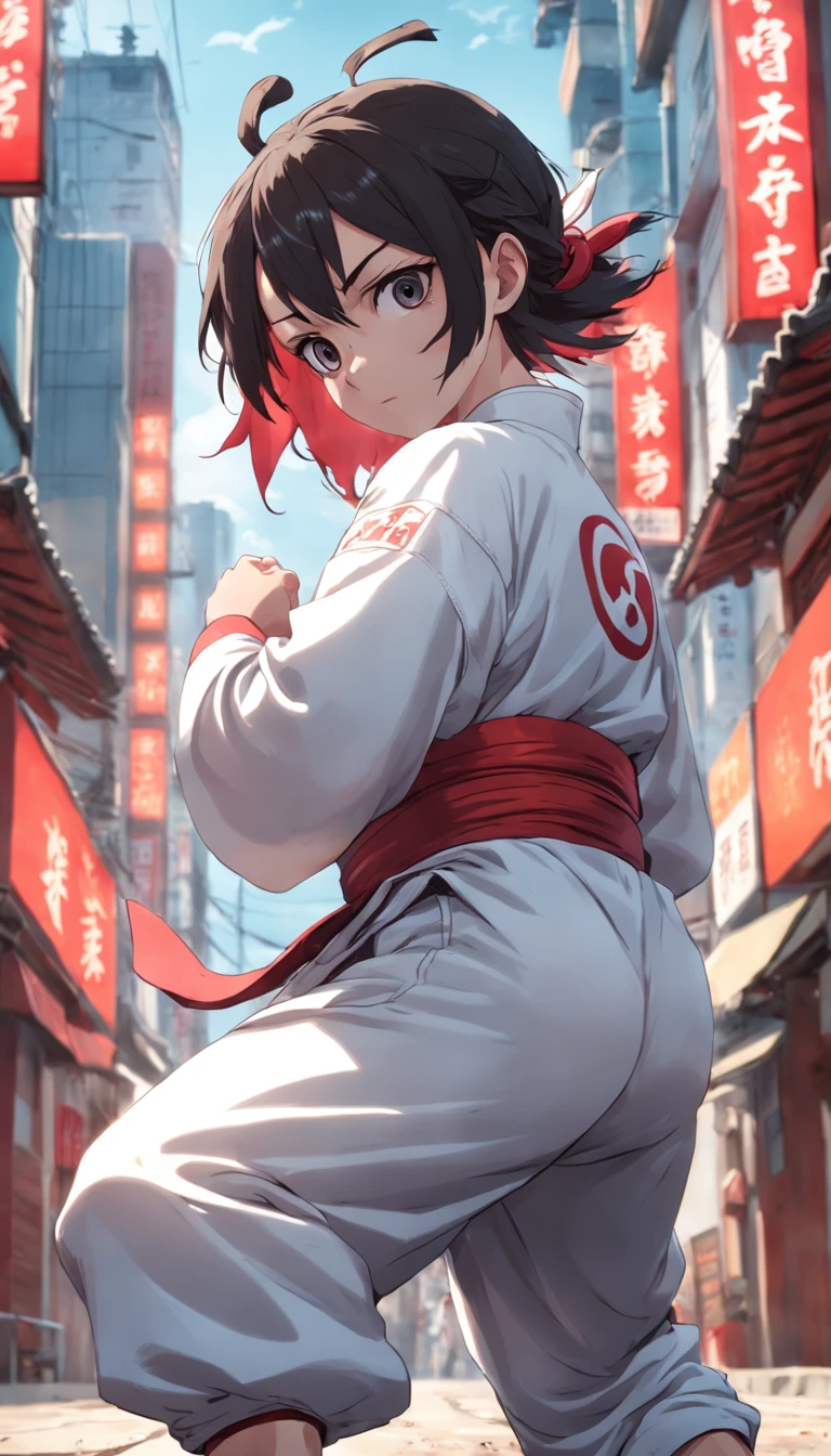 um panda, wearing white karate costume, bandana vermelha, energia focada, Lutador de rua, Random karate pose, (detalhes intrincados), HDR, (detalhes intrincados, super fino: 1.2), filmagem de cinema, Centrado,
