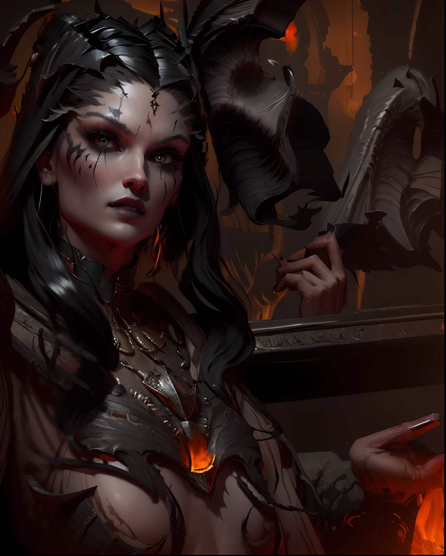 Lilith's descent with her black wings, face sharp as from a photo of high resolution (detailed face), full body, (whole body), with an aura of fire. Exclusive style of D14bl0, extremely detailed and high quality, 8k, cinematic, no serration, strokes and a famous artist, no blurred image, very well done strokes, no deformation in the eyes, mouth and nose, all drawn perfectly, leonardo da vinci style.
