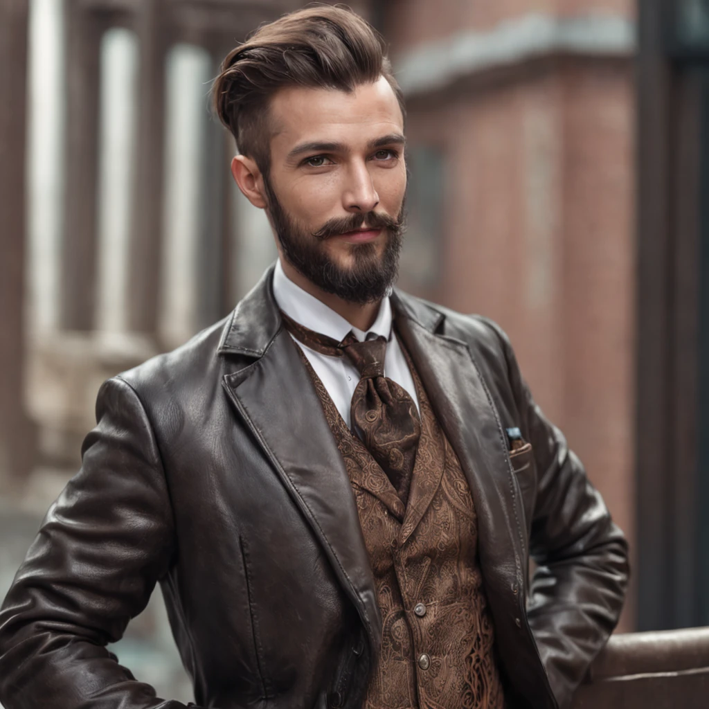 Masterpiece, realistic Handsome Gentleman steampunk, hipster ellegant cute beard man, front camera pose, full portrait, middle age, smiiling, ellegant leather suit, Steampunk Mad Hatter man, digital art 8k, sinful tattooed man,machine background industrial, retro futuristic, punk, machine, retro, gear steam, futuristic goggles, fantastic face, beautiful look, detailed hair, ultra focus, face illuminated, face detailed, 8k resolution, watercolor, razumov style. art by Razumov and Volegov, hyperrealism painting concept art of detailed character, 8k resolution blade runner