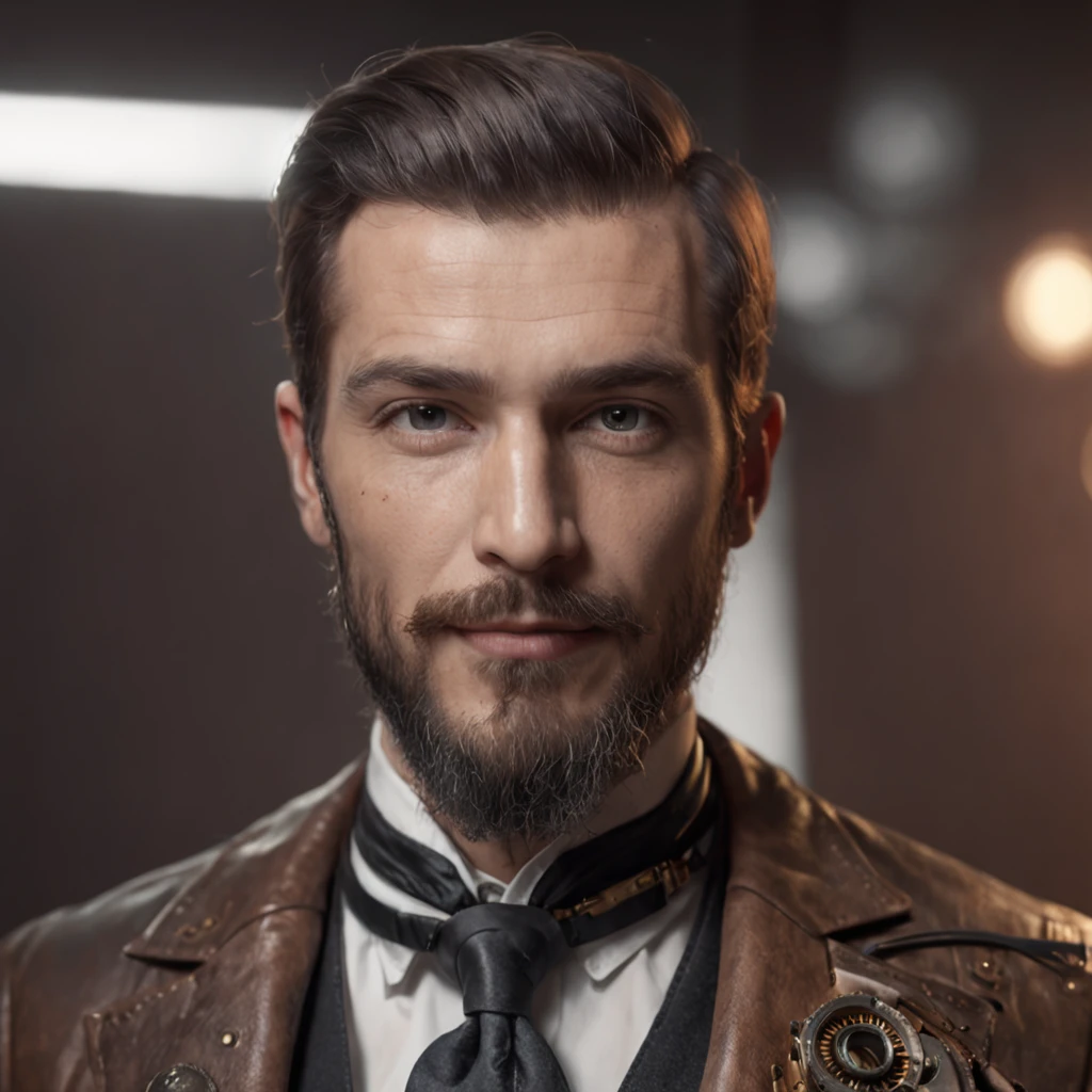 Masterpiece, realistic Handsome Gentleman steampunk, hipster ellegant cute beard man, front camera pose, full portrait, middle age, smiiling, ellegant leather suit, Steampunk Mad Hatter man, digital art 8k, sinful tattooed man,machine background industrial, retro futuristic, punk, machine, retro, gear steam, futuristic goggles, fantastic face, beautiful look, detailed hair, ultra focus, face illuminated, face detailed, 8k resolution, watercolor, razumov style. art by Razumov and Volegov, hyperrealism painting concept art of detailed character, 8k resolution blade runner