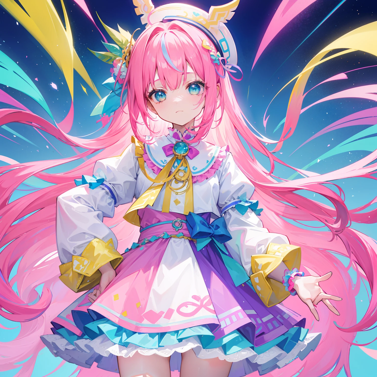 A multicolored light background，Long hair with a bright pink purple transparent gum texture，in pink、Matching blue and white clothes，Yellow and green ornaments with cyan accents，It is a very sweet and sweet  girl