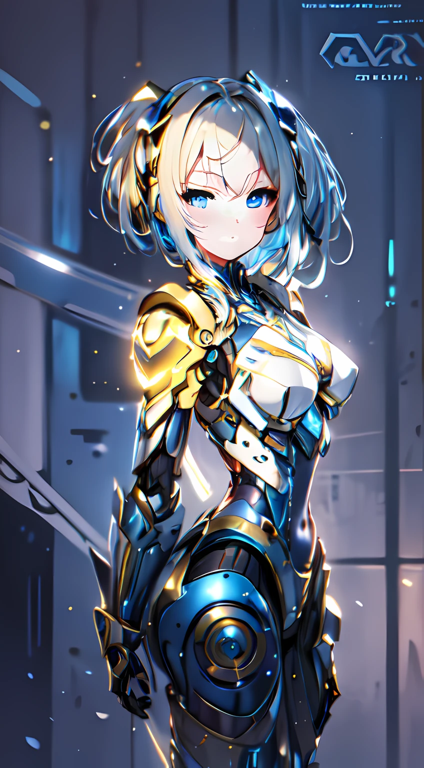 High Quality, Ultra High Resolution, Ultra Realistic, Super Detailed, Robot, mecha, metal bodysuit, Slim, beautiful, blue eyes, 1girl, yellow hair, short hair, Full Face, Full Body, faint blush, Metallic, Metallic, Luxury, Metallic, One, BREAK, concert stage, detailed background, depth of field, cinematic,