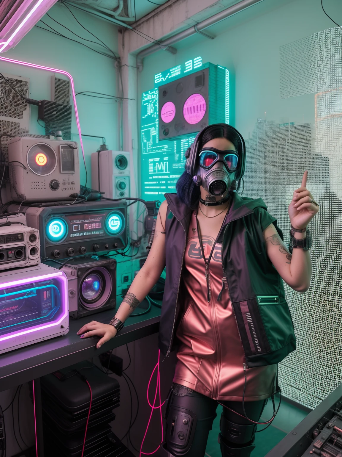 There is a woman in a gas mask and a gas mask in, no estilo cyberpunk, vibe cyberpunk, cyberpunk with neon lighting, tem estilo cyberpunk, cyber punk setting, cyberpunk vibes, in a cyberpunk themed room, estilo de cyberpunk, estilo cyberpunk, Foto cyberpunk, soviet style cyberpunk, usando streetwear cyberpunk, in cyberpunk aesthetic, estilo de arte cyberpunk, roupa estilo cyberpunk