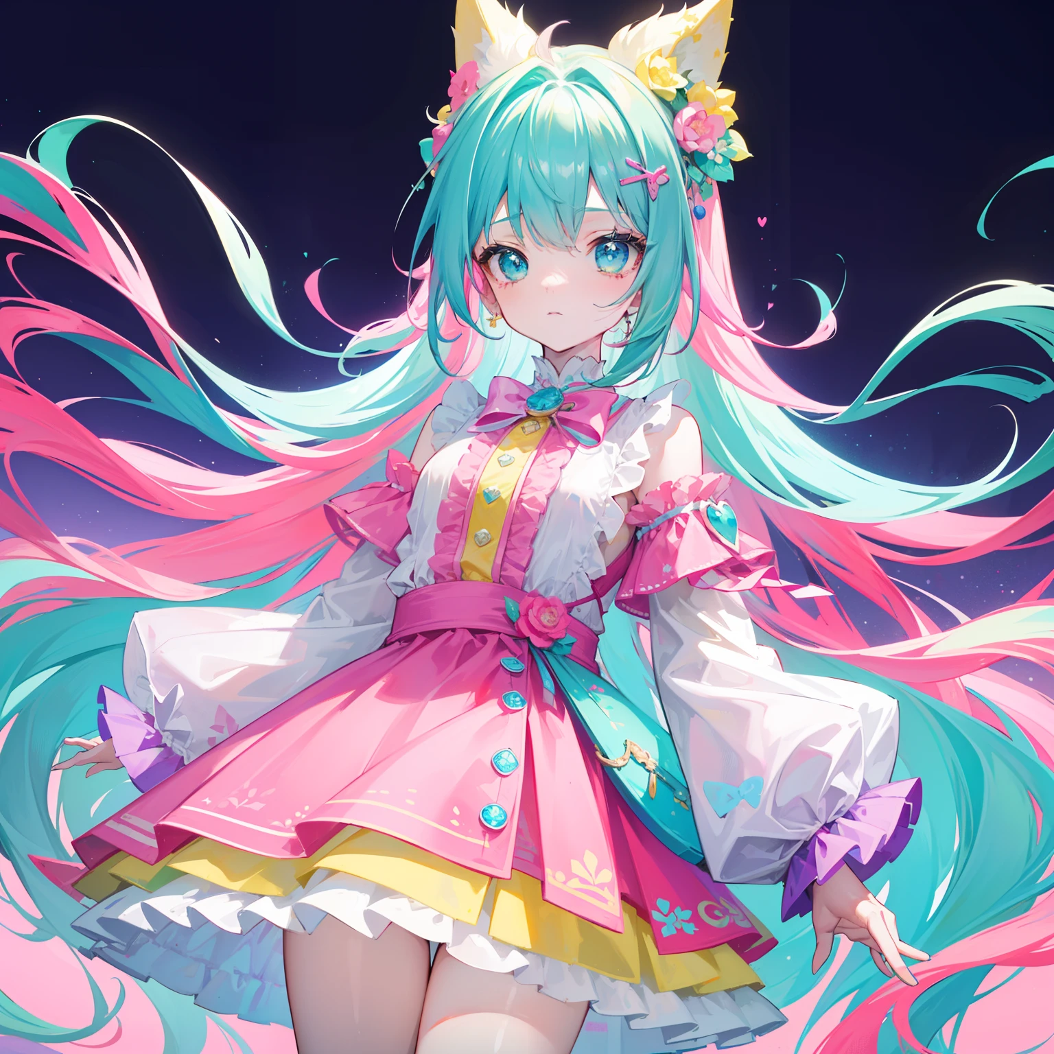 A multicolored light background，Long hair with a bright pink purple transparent gum texture，in pink、Matching blue and white clothes，Yellow and green ornaments with cyan accents，It is a very sweet and sweet loli girl