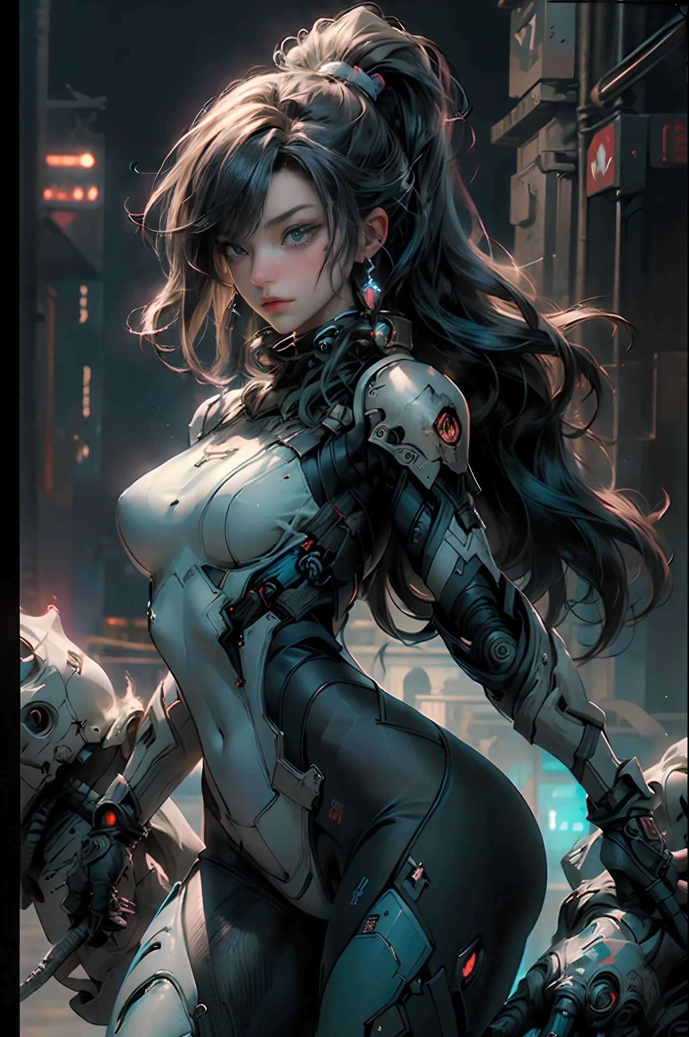 ((Best quality)), ((masterpiece)), (detailed:1.4), photograph of 2 beautiful cyberpunk girls, (wearing smooth organic tech armor), (long shapeless hair), big breasts, (cowboy shot), (((dynamic pose))), (Depth-of-field), Maximum clarity and sharpness, Octane Render, (Cinematic lighting),Wide aperture,Low ISO,White balance,Rule of thirds,8K RAW