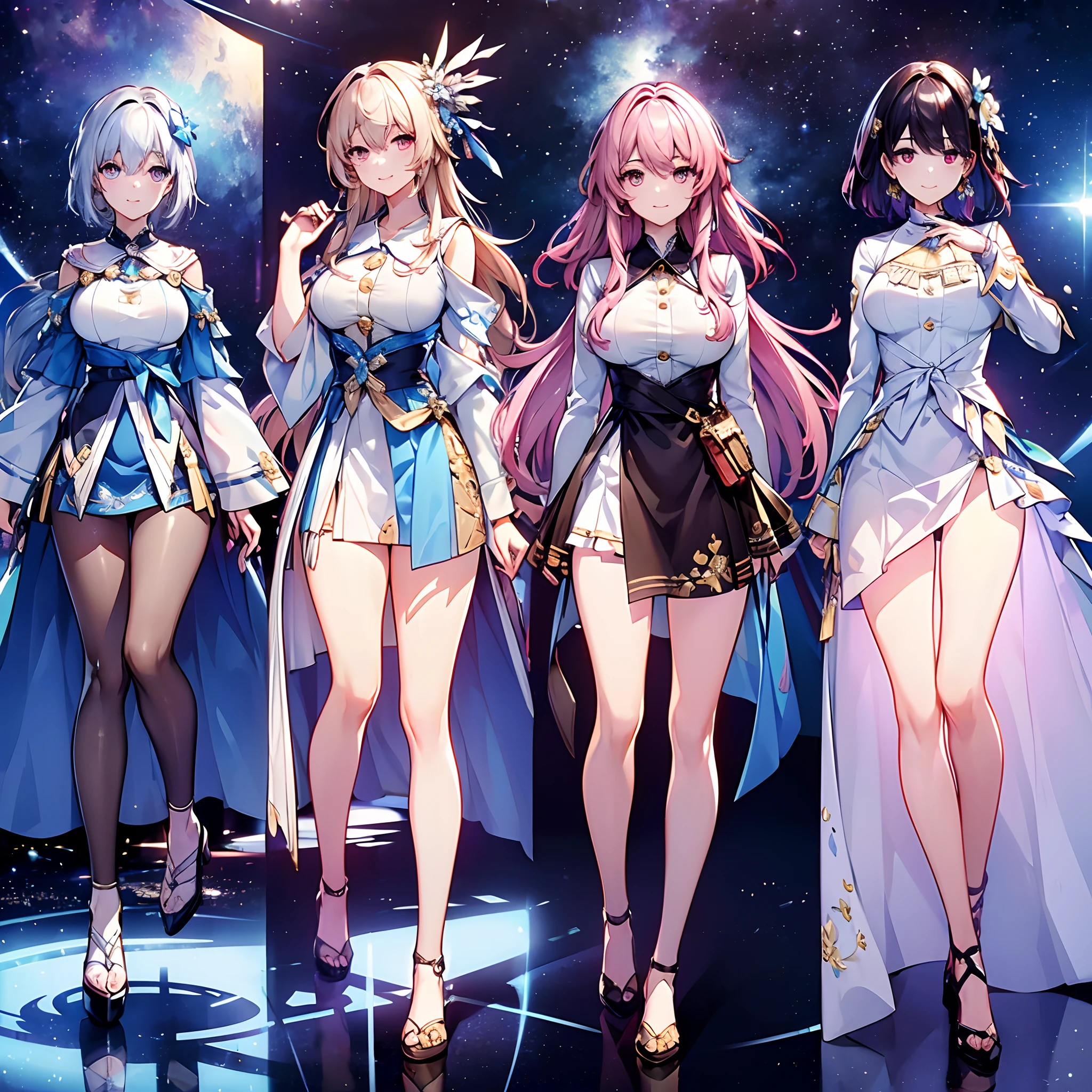 (((​masterpiece)))、(((top-quality)))、((ultra-detailliert))、Multiple beauties touch each other(Transparent shirt:1.2)、(open-shirt)、Light Clothes、Sleeveless、huge-breasted、Closeup portrait of upright breasts of four women lying on bed、Surreal full-body figure、Beautiful and detailed body and face、Gorgeous figures、poneyTail、Clair、A smile、Groaning、Banter、Surreal full-body figure、Beautiful and detailed body and face、Super vista、 light skinned、bright colour、asian human、Costumes of the era