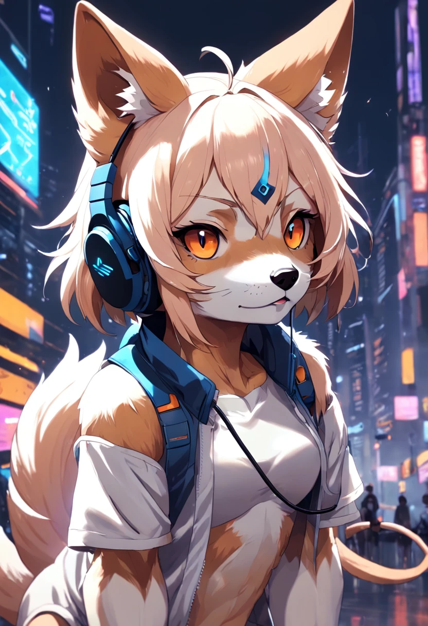 Anime-style image of a dog with headphones and a microphone, an anthropomorphic cyberpunk fox, Retrato de personagem peludo, badass anime 8 k, Gatilho Estilo de Arte de Anime, anime peludo, Arte peluda!!!, furafinidade peluda, commission on furaffinity, arte fursona, arte peluda muito bonita, arte digital peluda, Retrato de uma raposa antro, alta qualidade,melhor qualidade. belas coxas.
