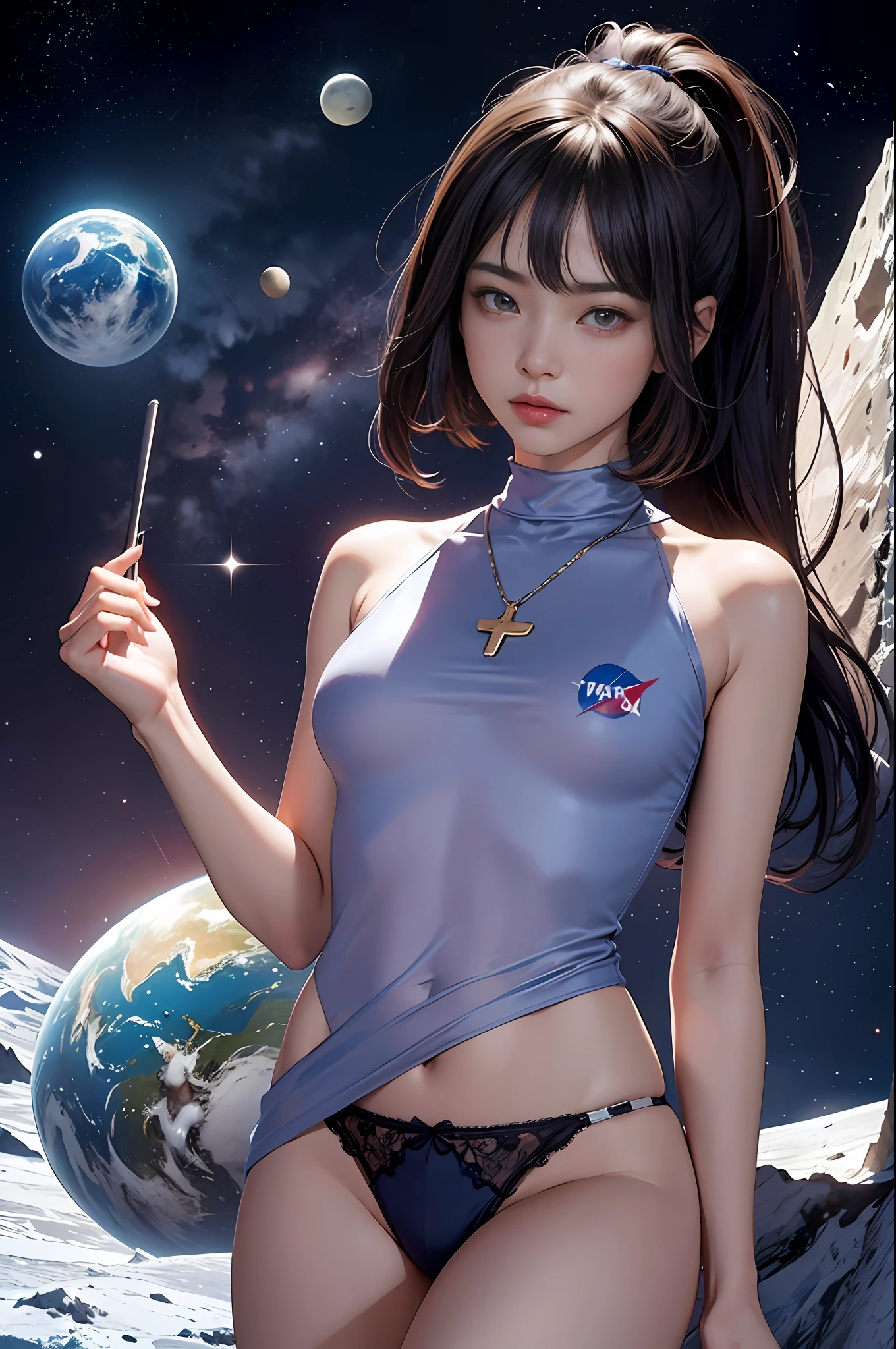 Official art, 统一 8k 壁纸, ultra-detailliert, Beautifully Aesthetic, ​masterpiece, top-quality,  girl with, High school students,A dark-haired, japanes,dynamic ungle, Cowboy Shot, bright colour, (half: 1.2), (Dreams: 1.5), (Han Feng: 1.5),reallistic,a picture,A sexy,Soft look,erotick,The location is on the moon,a navel,space astronaut,stele,High school girl dressed as an astronaut,Dynamism,NASA,High school girl showing off purple underwear,,Distant stars,The planet is far away,panties on,NSFW