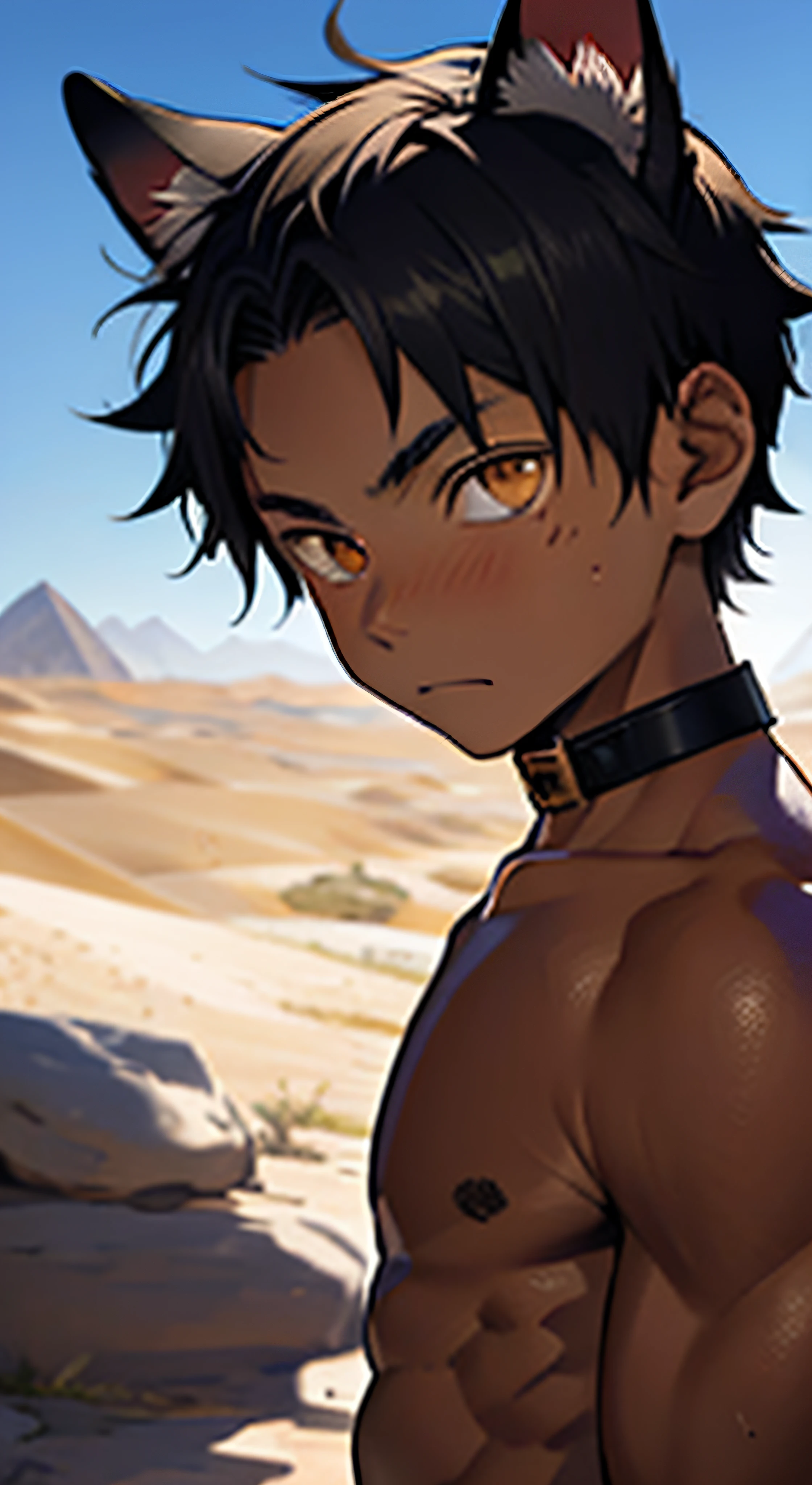 (masutepiece, Best Quality),1boy,(16 year old boy,child-faced),ancient Egyptian,delicate big eyes,Open your eyes,smooth and delicate skin,infancy,young age,short round face,Flat chin,finely detaild face,Muscular arms,shorth hair,vivd colour,(depth of fields:1.2),looking at viewert,A desert