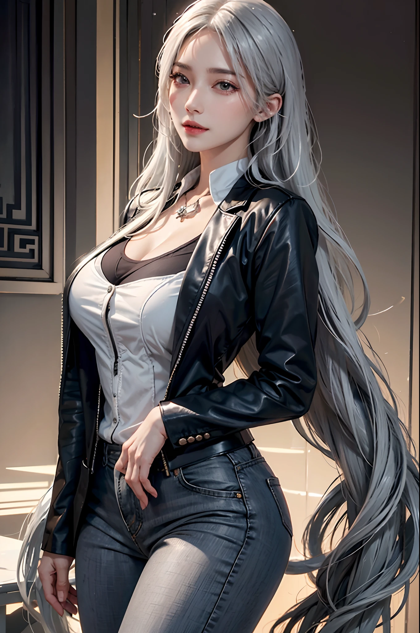 photorealistic, high resolution, soft light,1women, solo, hips up, shining skin, (detailed face),tattoo, jewelry, grey suit, open jacket, office lady, suit, pants, from behind, night, white hair, wavy hair, Beautiful Soldier, Eyes That Invite Viewer, Lover's Perspective, Inviting Expression, Sexy Smile, Perfect Style, Perfect Balance, Detailed Skin, Naughty Gaze, Chest Visible