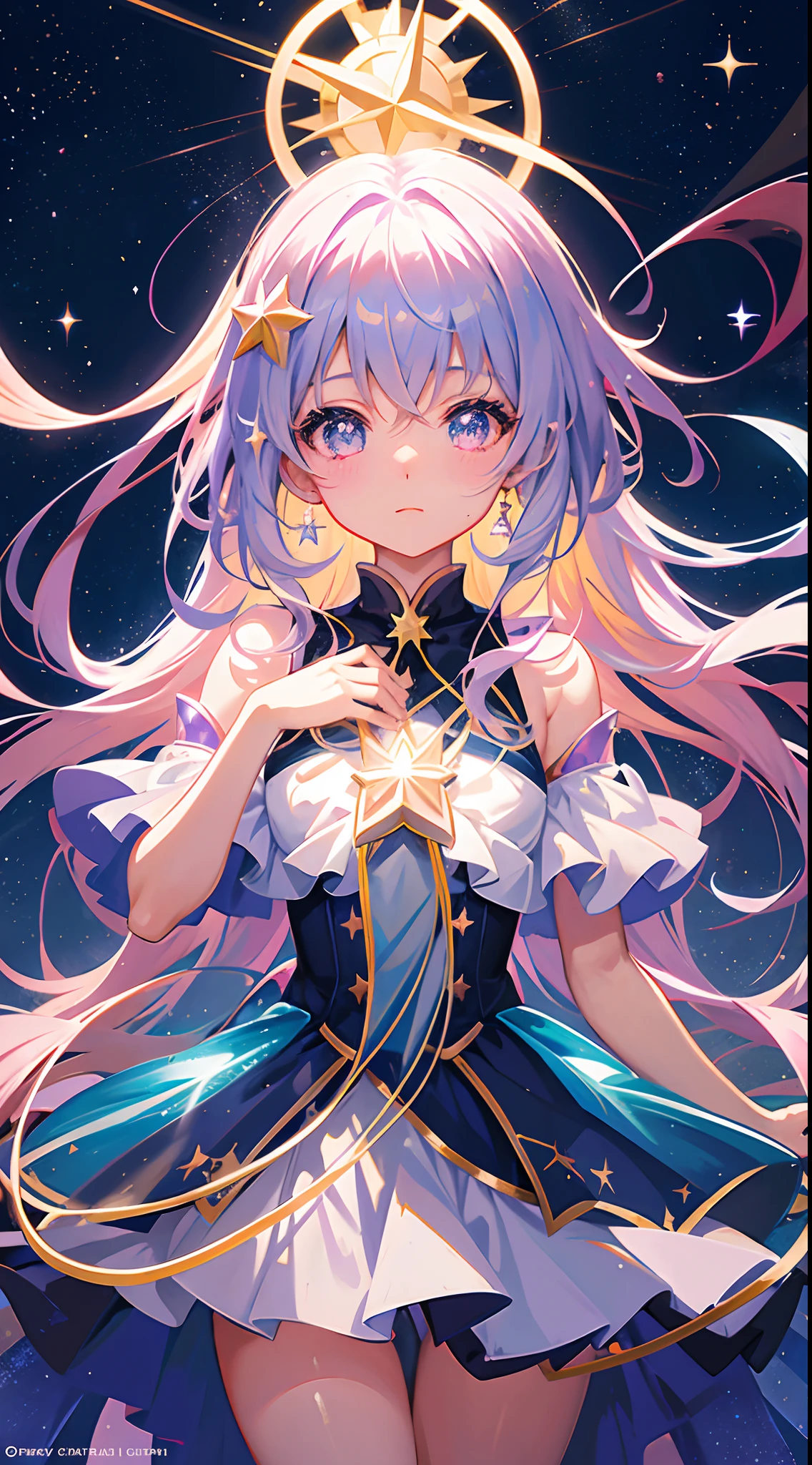 Anime girl with a star and a wand on her head, sparkling magical girl, portrait of the magical girl, beautiful celestial mage, Detailed key anime art, Trending on ArtStation pixiv, magical girl, guweiz on pixiv artstation, high detailed official artwork, Cute anime waifu in a nice dress, Pixiv Contest Winner, anime goddess, official anime artwork