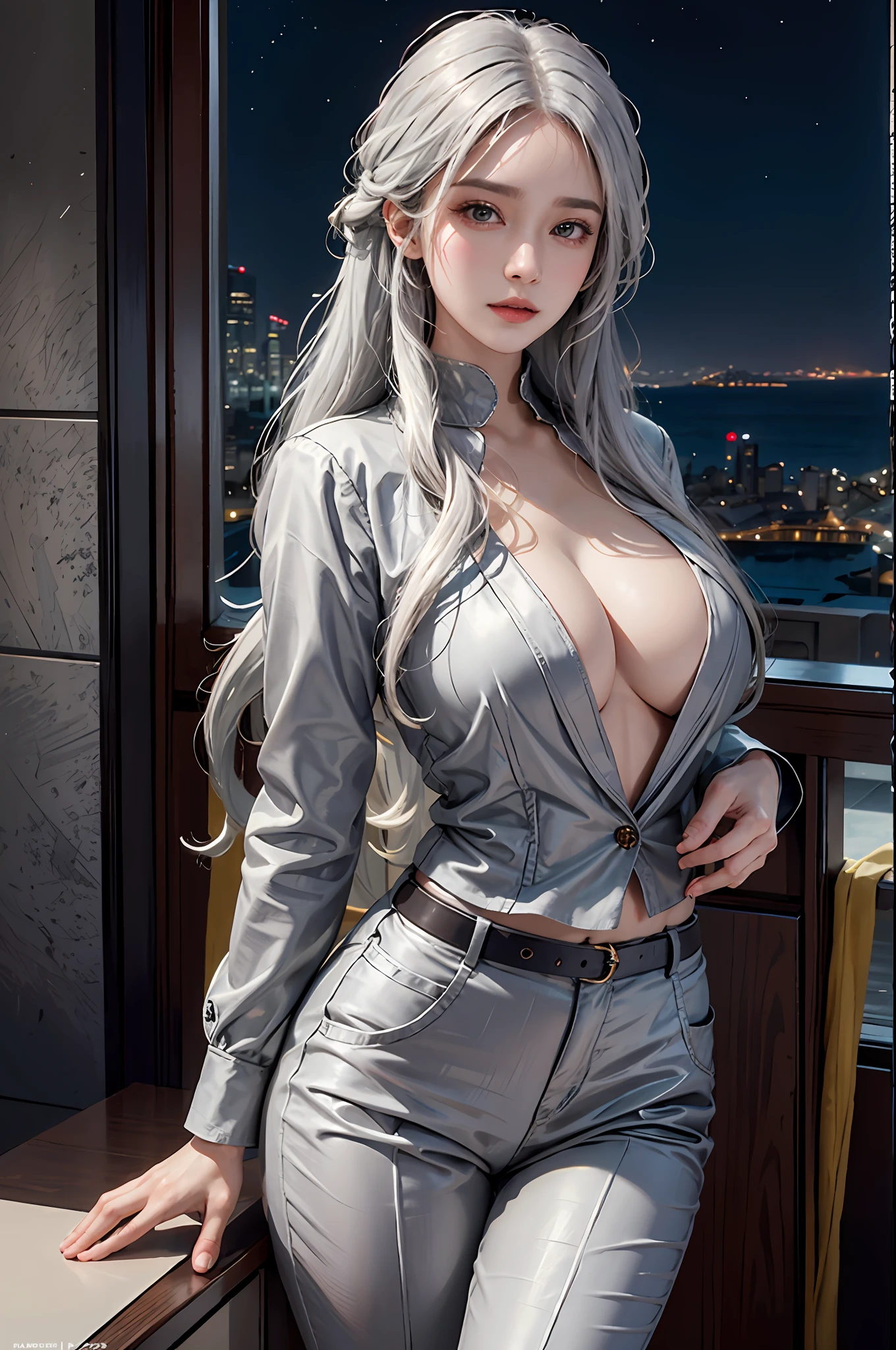 photorealistic, high resolution, soft light,1women, solo, hips up, shining skin, (detailed face),tattoo, jewelry, grey suit, open jacket, office lady, suit, pants, from behind, night, white hair, wavy hair, Beautiful Soldier, Eyes That Invite Viewer, Lover's Perspective, Inviting Expression, Sexy Smile, Perfect Style, Perfect Balance, Detailed Skin, Naughty Gaze, Chest Visible