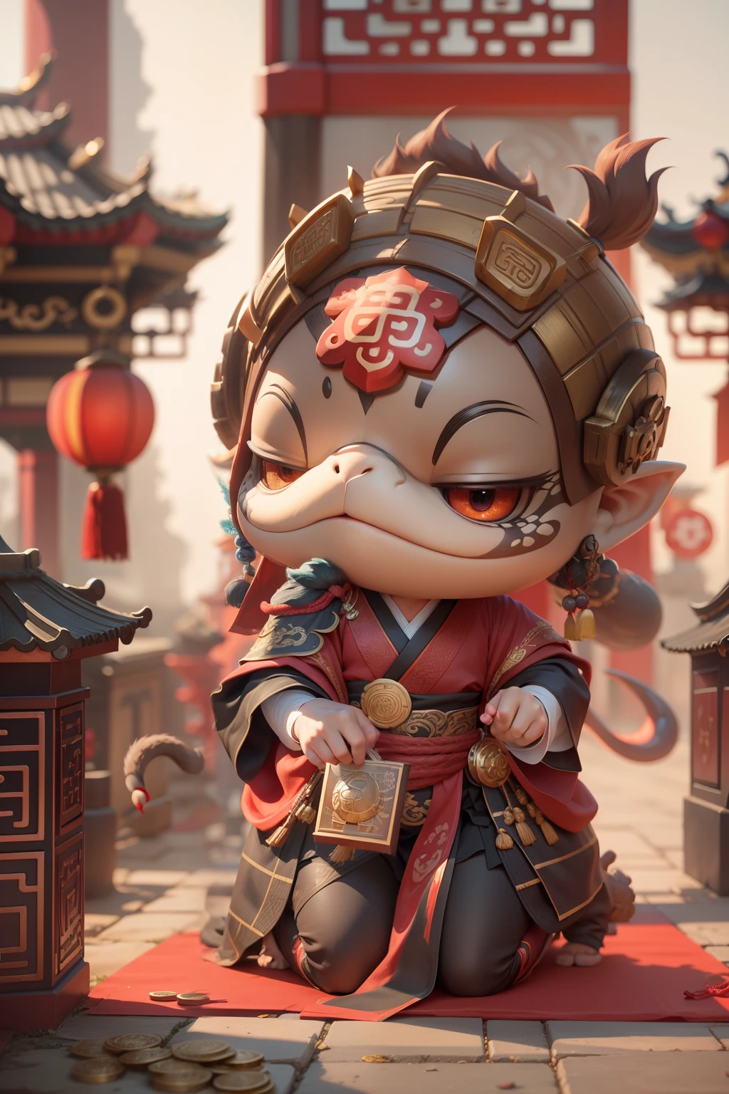 anthropomorphic turtle,Little cute cute little snake,Wearing elegant red Hanfu,Take gold ingots,The ground is covered with gold coins,silkouette,fluffy mane,largeeyes,Red Wall,Chinese culture,zbrush,Dramatic lighting,full-body portraits,hentail realism,finedetail,photographrealistic,Film illumination,complexdetails,rendering by octane,unreal-engine,8K --ar 9:16 --testp --upbeta