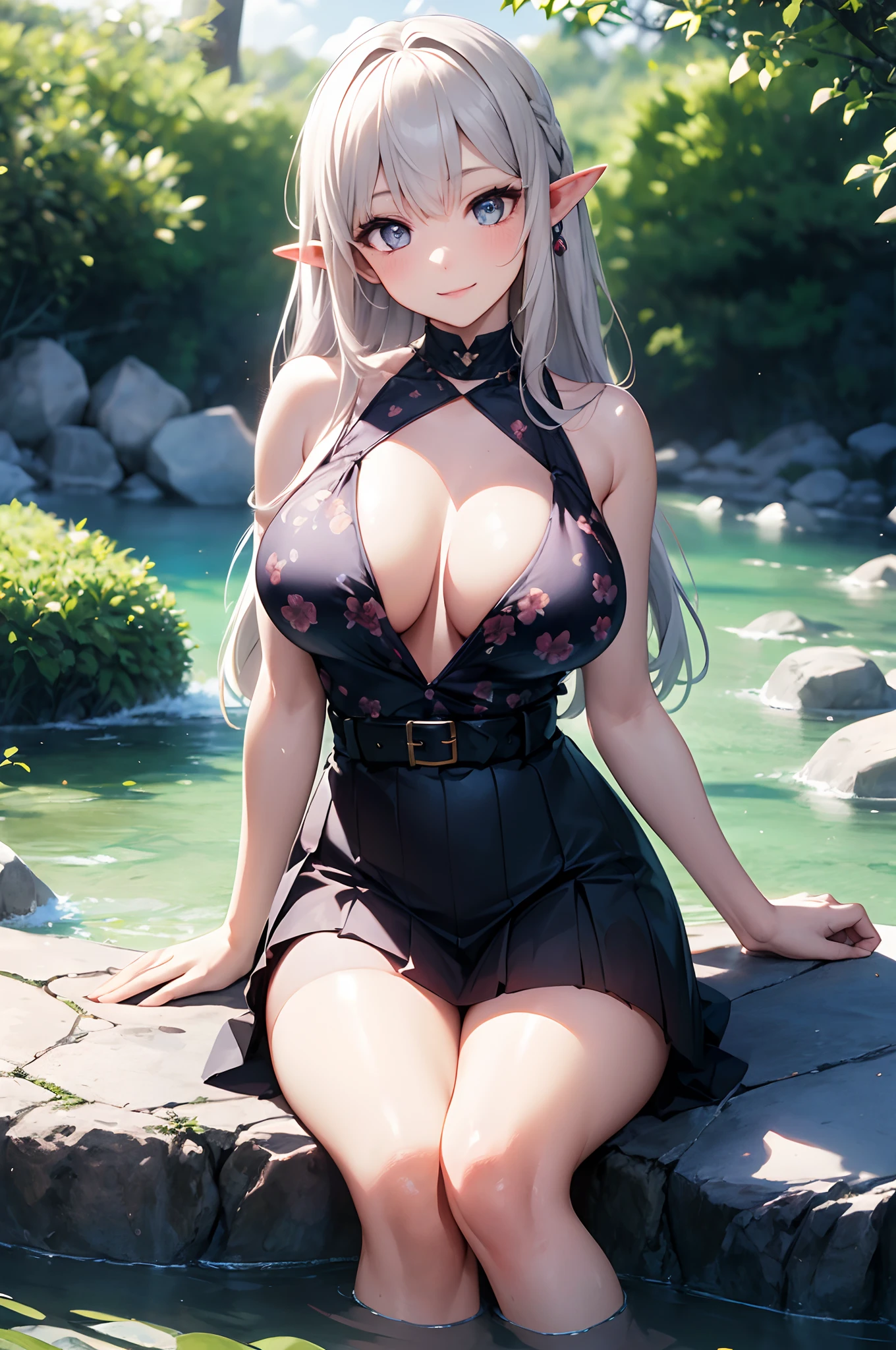 Big breasts, (best quality)), ((masterpiece)), (detailed), ((beautiful elf, solo, ethereal beauty)), fantasy illustration: 1.5), enchanting look, supernatural charm, mystical sky ((purpura hair, white streaks)) ((straight hair)) perfect eyes, has an extremely sexy body, with big breasts and a thin waist, and an extremely sexy body, colorful printed top blouse, blue flower printed pleated skirt has a bold look with flower details on the outfit. young, quality, realistic, best quality, shy smile, cute expression, stones, natural light, magical environment, dark sky, stream, trees, sitting on rock, water touching feet