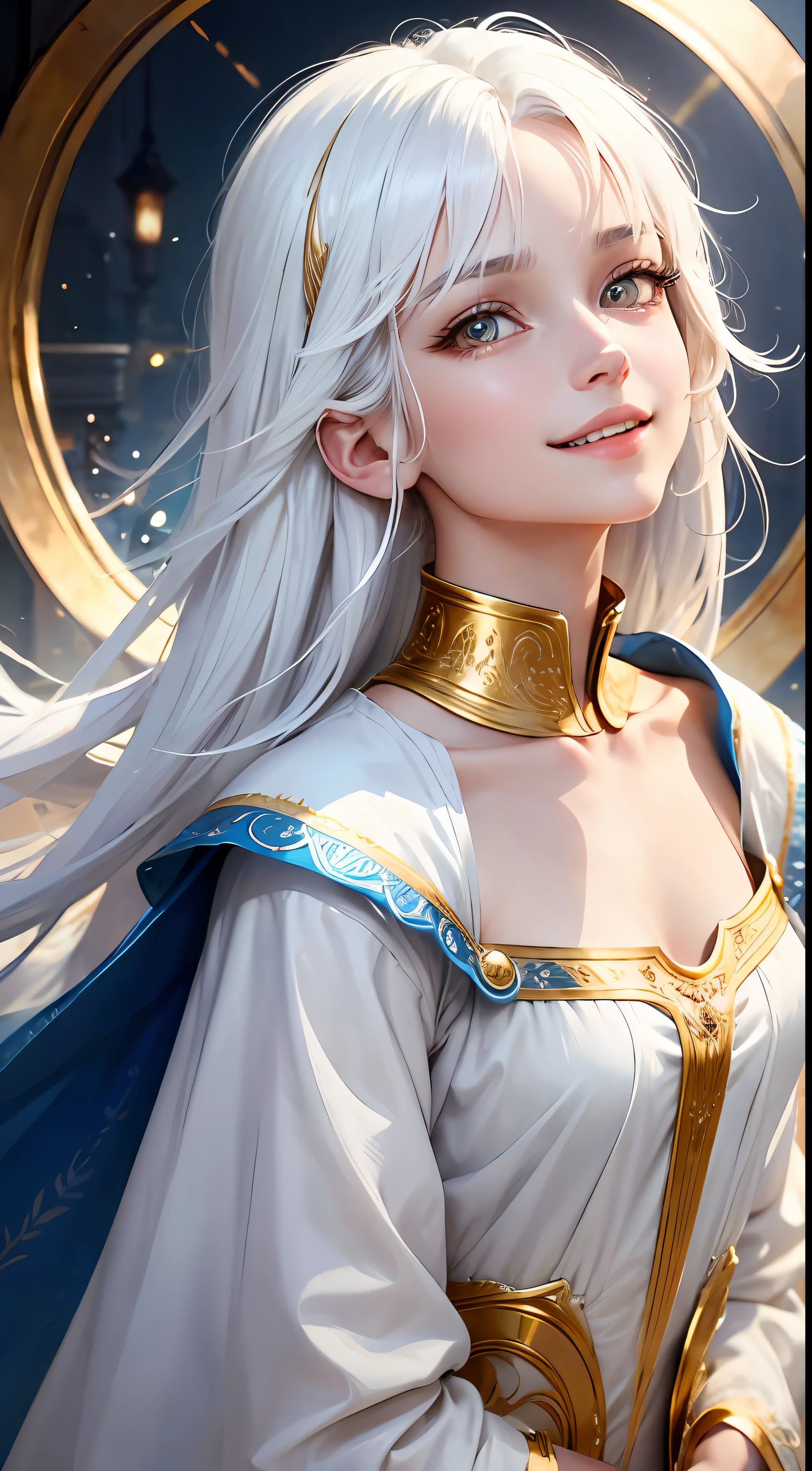 best quality, white hair, gold eyes, blue clothes, looking up, upper body, hair strand, Fair skin, smiling