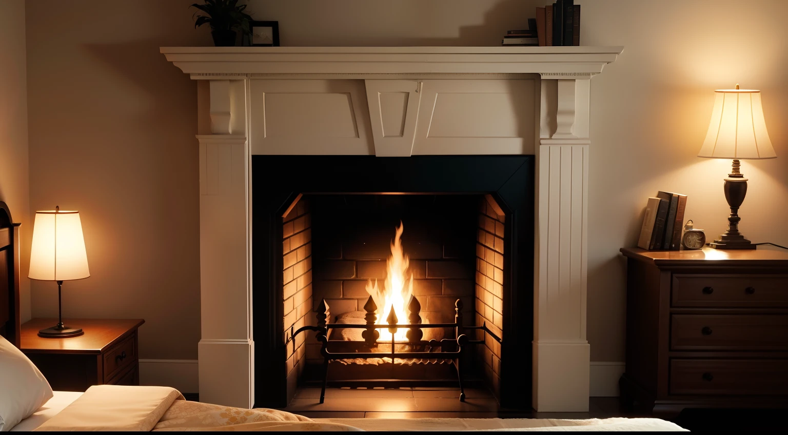 a bed with 2 lamps, and a fire in a fireplace