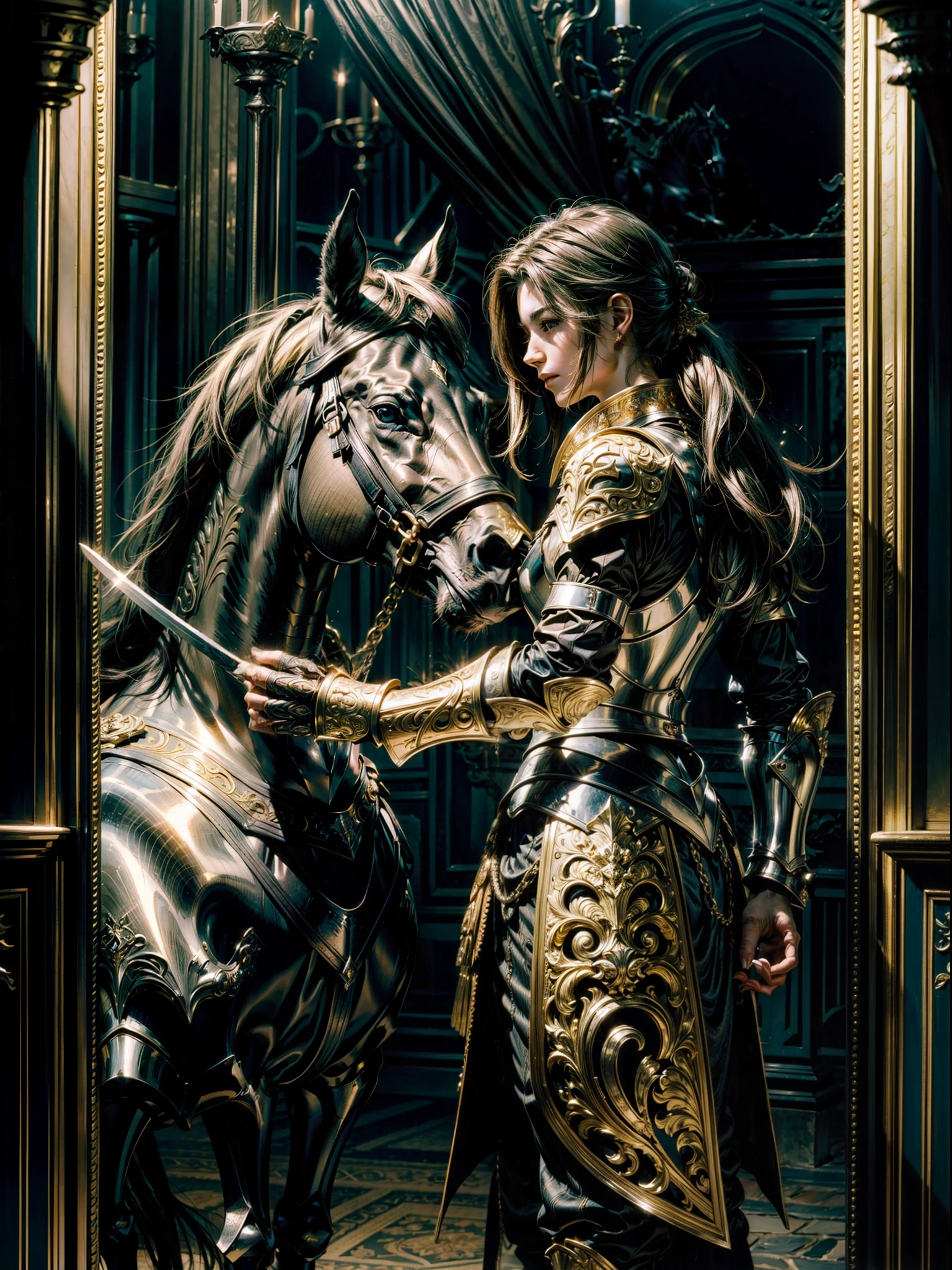 tmasterpiece,high qulity,Portrait of a noble knight,Side view,bust,male people,Riding a black steed,Wearing European-style armor,golden armour,The armor has ornate patterns,Wear a long sword around your waist,Dignified,ellegance,The horse had silver armor on it,In the background is a magnificent castle vista,Oil painting texture,Movie lighting