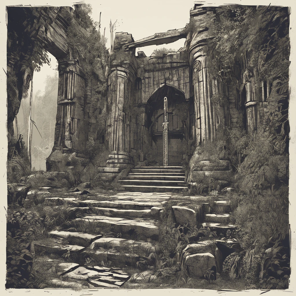 Ancient ruins with toppled pillars and walls covered in inscriptions, standing out in the natural environment of the forest with a throne in the middle where a skeleton in medieval clothes is sitting holding a sword --auto