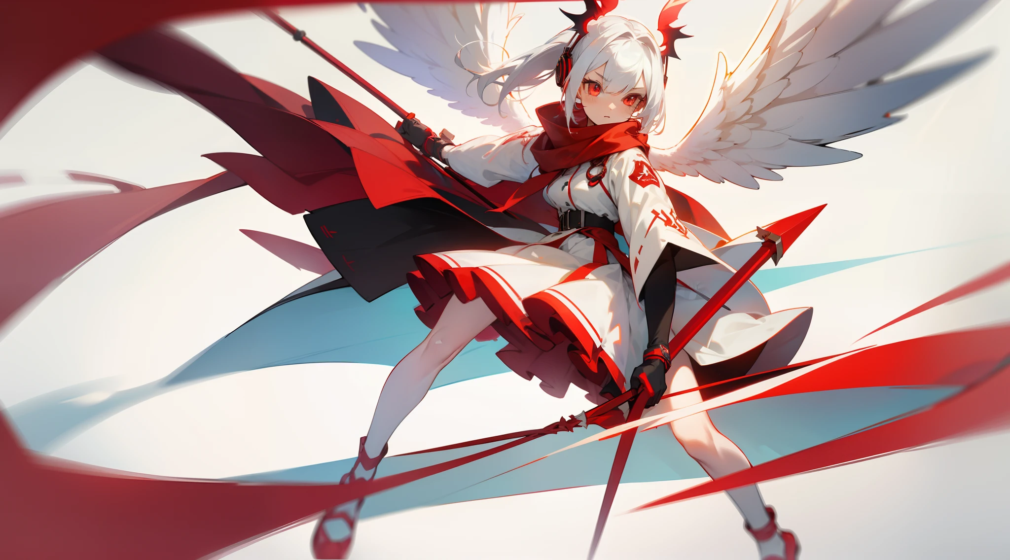 teens girl，White hair，Red glowing eyes, sportrait, photorealestic,（Red and white trench coat），Red scarf，a black pleated skirt，black t-shirts，longer sleeves，Red and white headphones，((Multiple pairs of angel wings))，side-lighting, the wallpaper, NSFW, Depicting female characters from ethereal anime in a high-quality anime art style。vibrant with colors，Colorful background，(((Hold spears in both hands)))，8K，Red and white shoes with a sense of technology